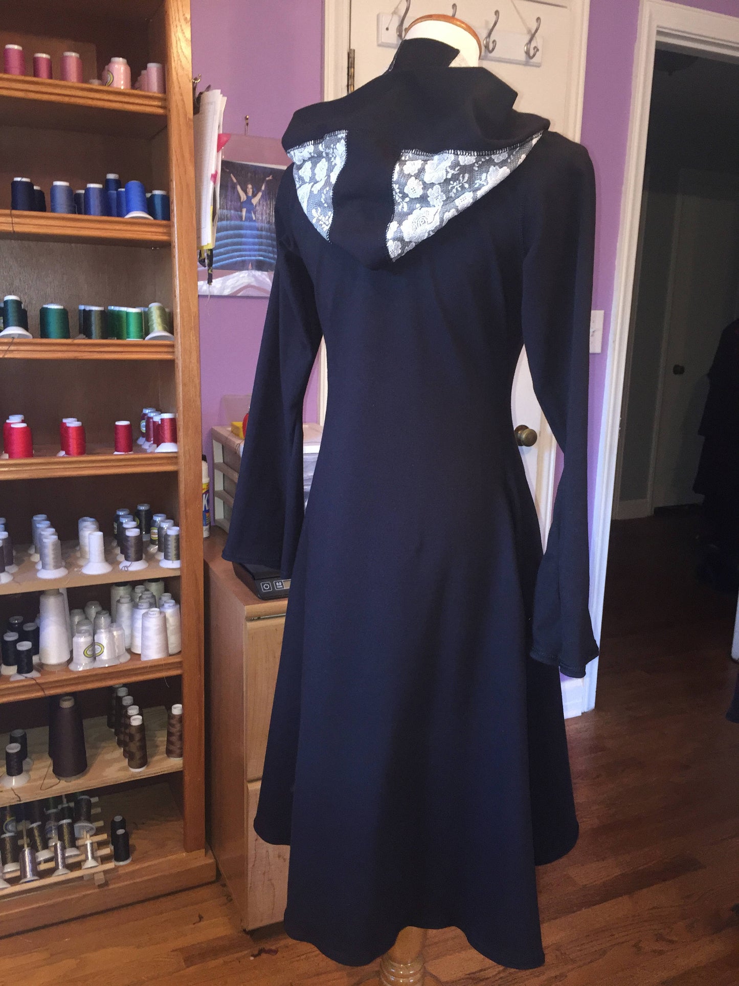 Diana Long Fitted Evening Jacket Hooded Maxi Coat, Buttons, Pockets in Organic Black Cotton Lycra, MEDIUM ONLY, Medieval Renaissance Costume