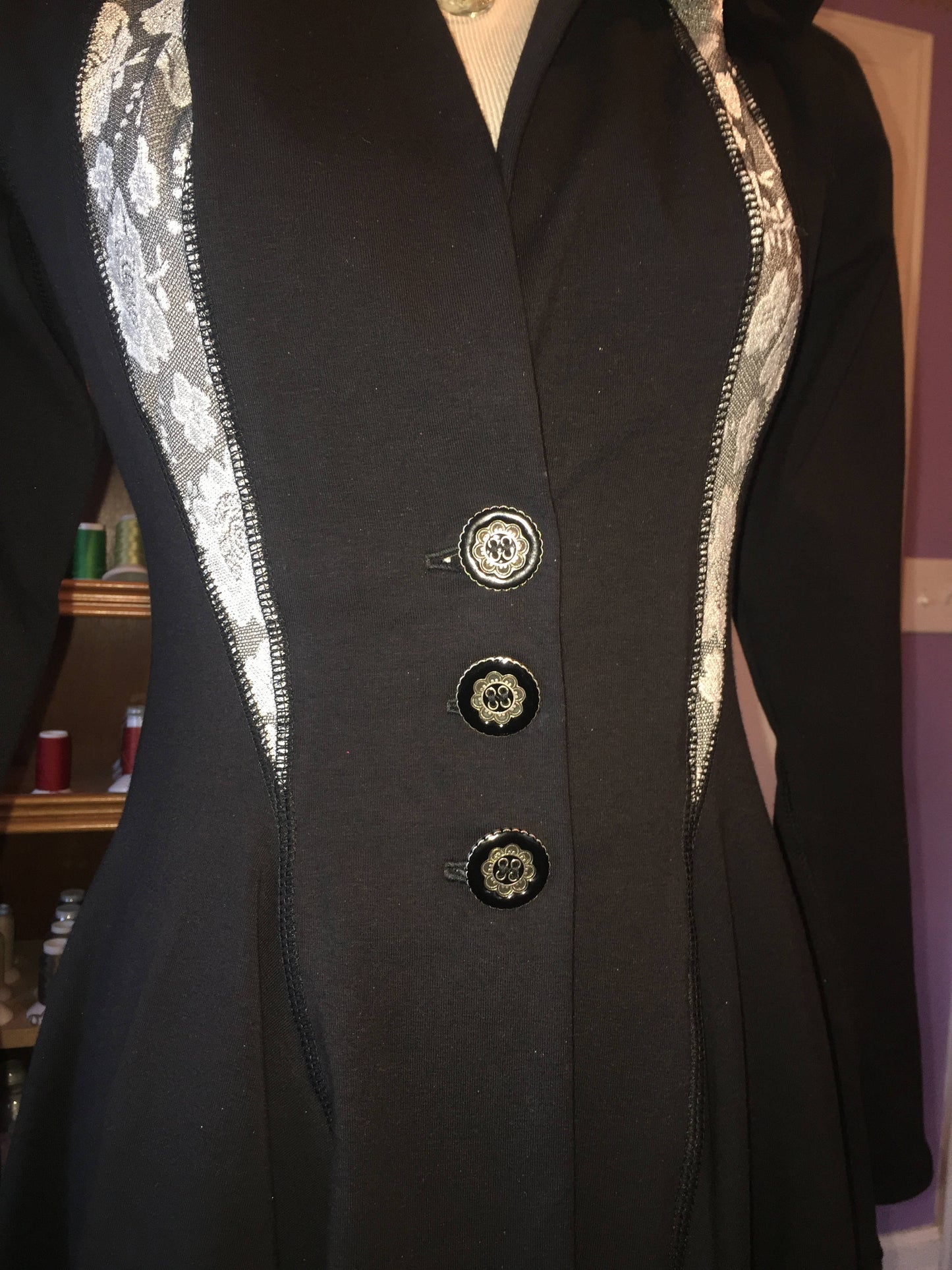 Diana Long Fitted Evening Jacket Hooded Maxi Coat, Buttons, Pockets in Organic Black Cotton Lycra, MEDIUM ONLY, Medieval Renaissance Costume