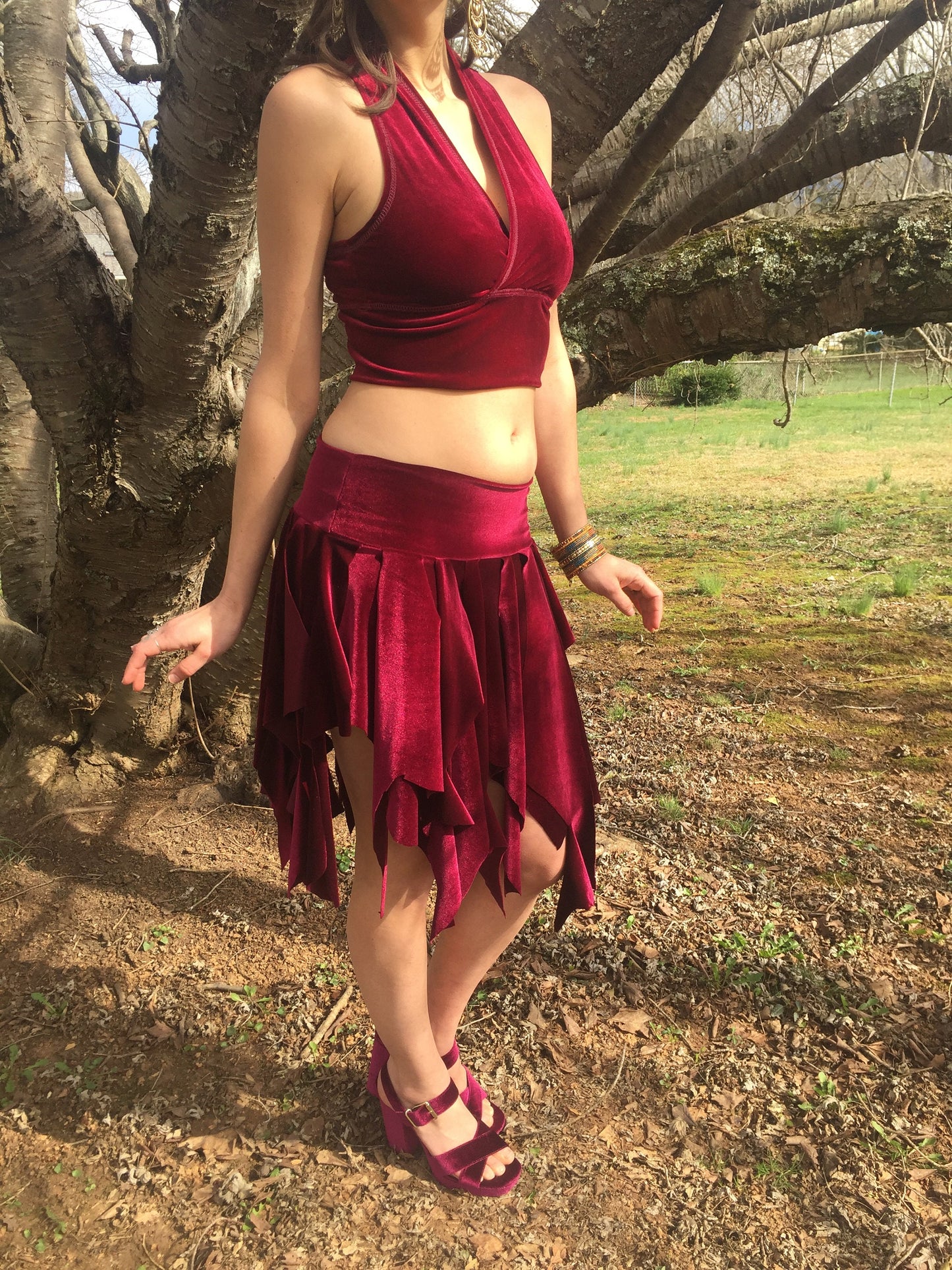 Ragamuffin Velvet Danceskirt Fairy Boho Mini, or Top, Cowl Scarf, Black, White, Brown, Red, Bellydance Skirt, Santa Costume