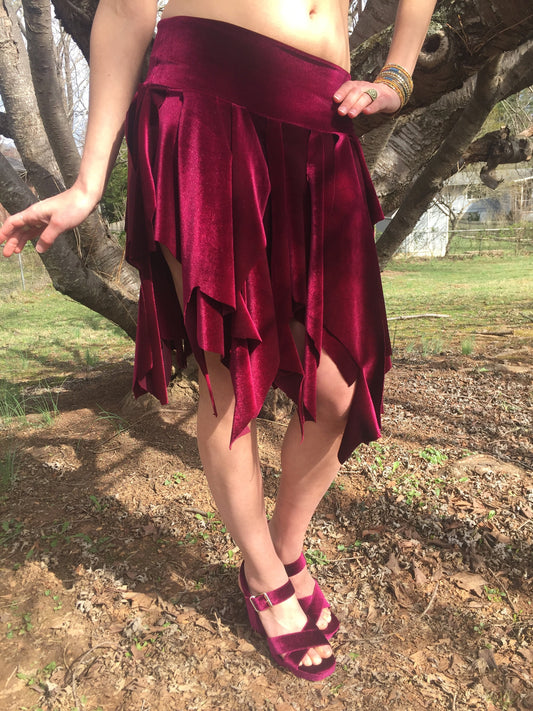Ragamuffin Velvet Danceskirt Fairy Boho Mini, or Top, Cowl Scarf, Black, White, Brown, Red, Bellydance Skirt, Santa Costume