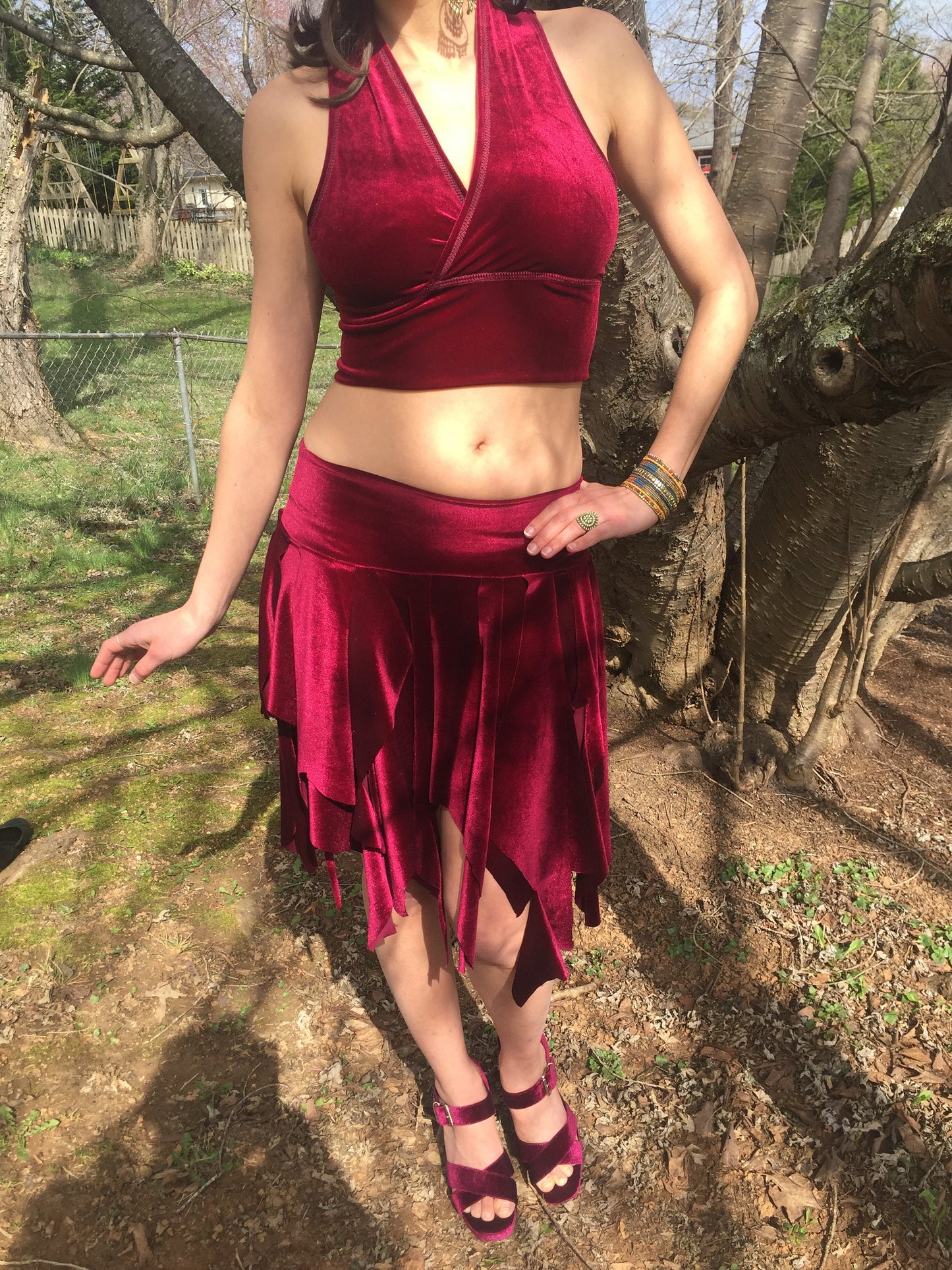 Ragamuffin Velvet Danceskirt Fairy Boho Mini, or Top, Cowl Scarf, Black, White, Brown, Red, Bellydance Skirt, Santa Costume