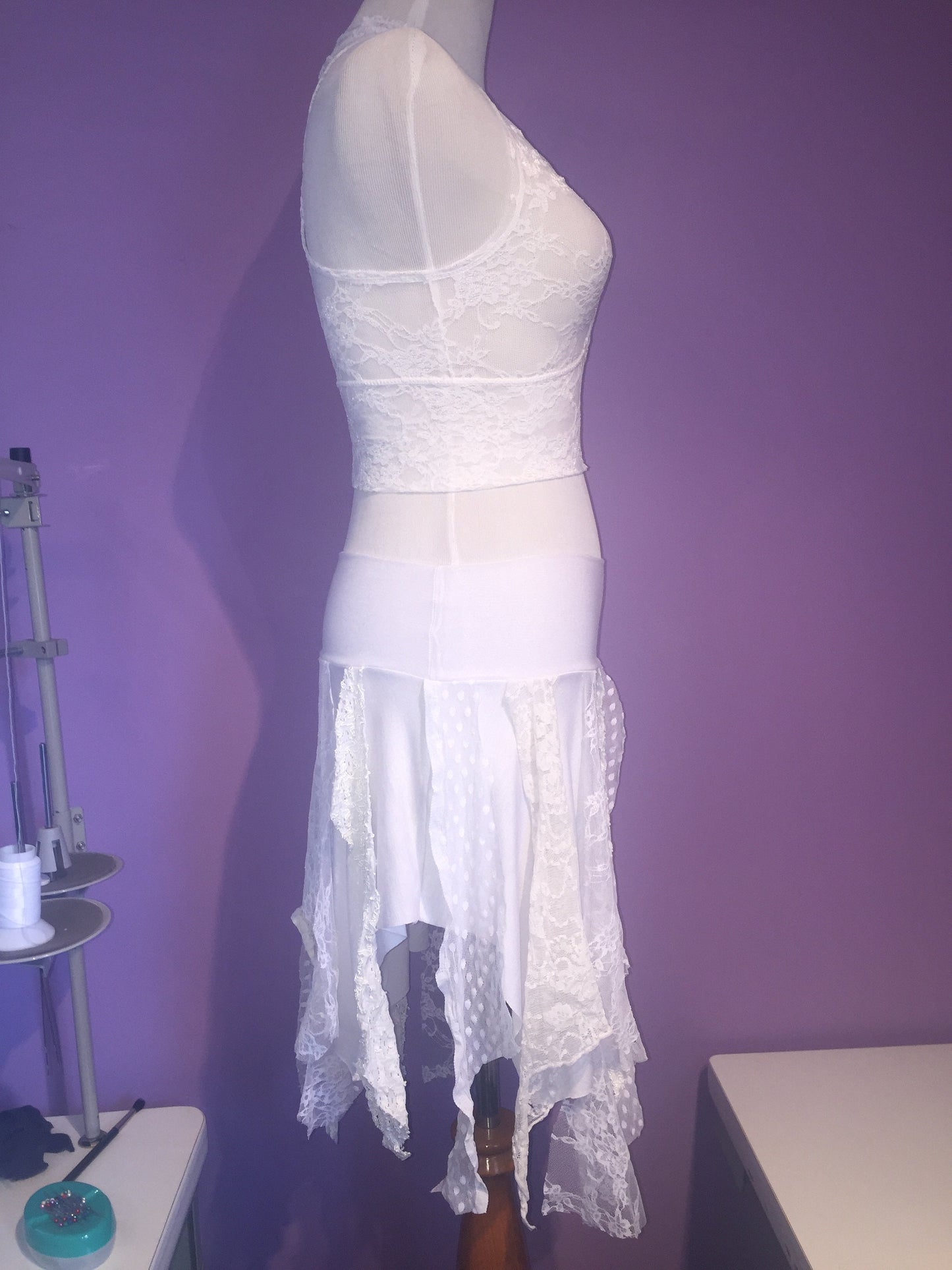 Ragamuffin Fairy Skirt in Lace and Modal, White & Cream, Also Top or Scarf, Tattered Skirt, Angel Fairy Nymph Costume, Boho, Danceskirt