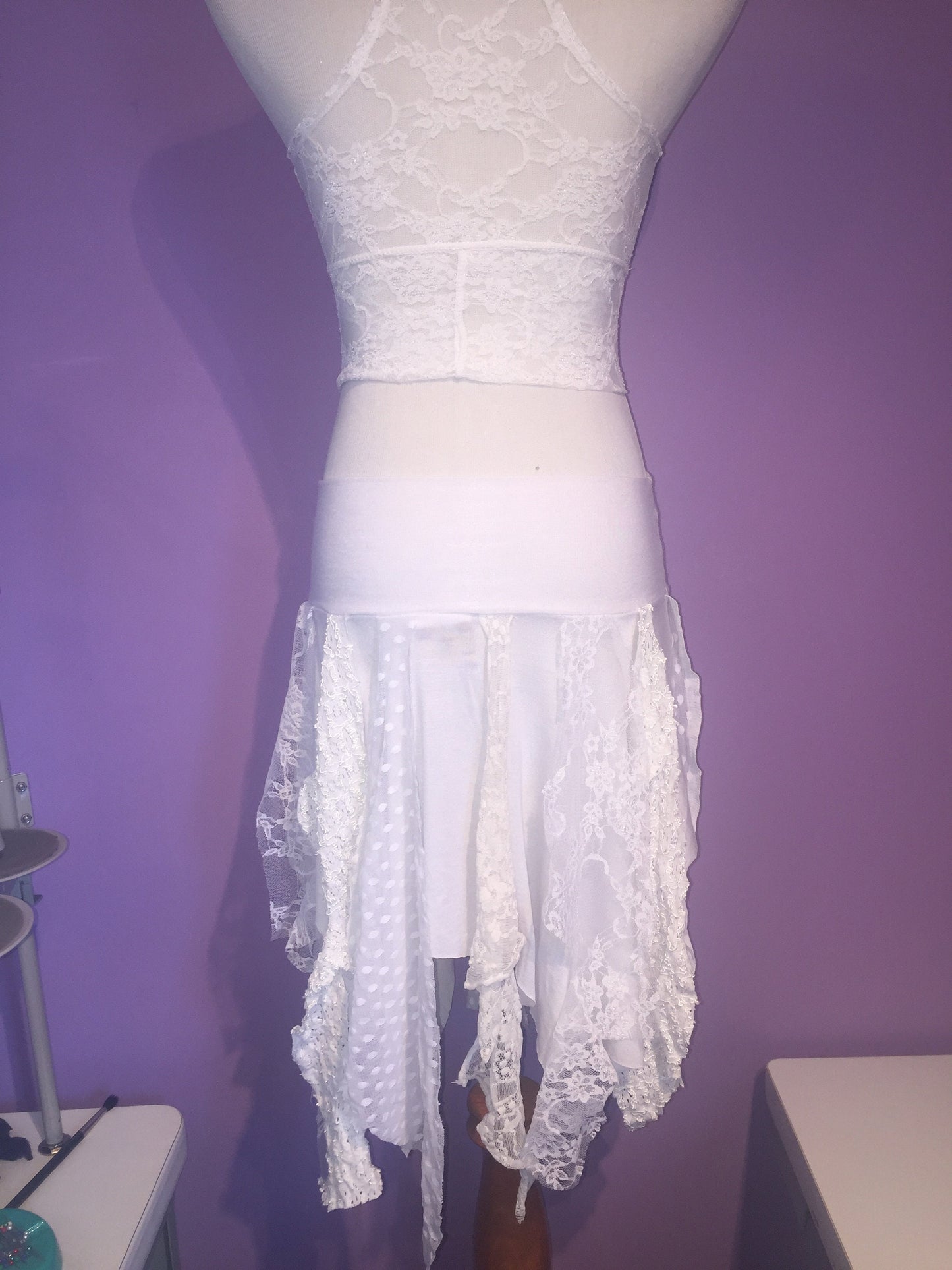 Ragamuffin Fairy Skirt in Lace and Modal, White & Cream, Also Top or Scarf, Tattered Skirt, Angel Fairy Nymph Costume, Boho, Danceskirt