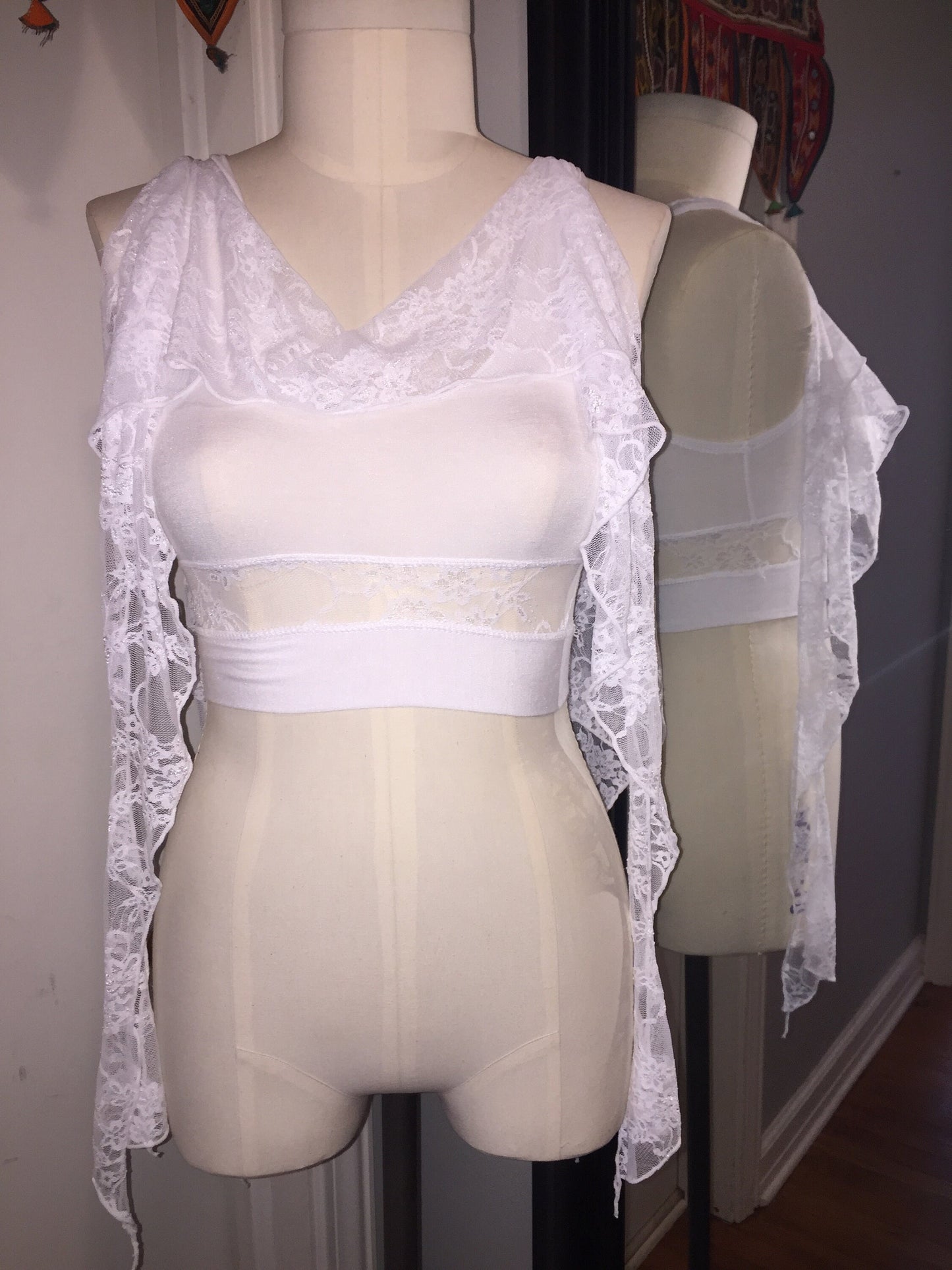 Kayleigh Crop Top with Lace Cowl, Long Tendril Wraps, Fairy Top, Boho Angel, Priestess, Gothic, Festival, Dance Costume, Other Colors