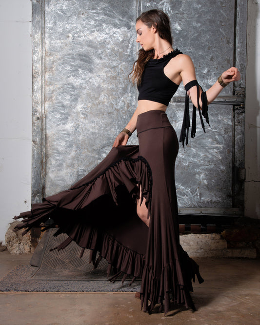 SALE Boho Hobo High Low Skirt, Fringe and Pom Pom Trim, Small/Tall Only  Bellydance Flamenco Can Can Skirt, Steampunk Dark Fairy Costume