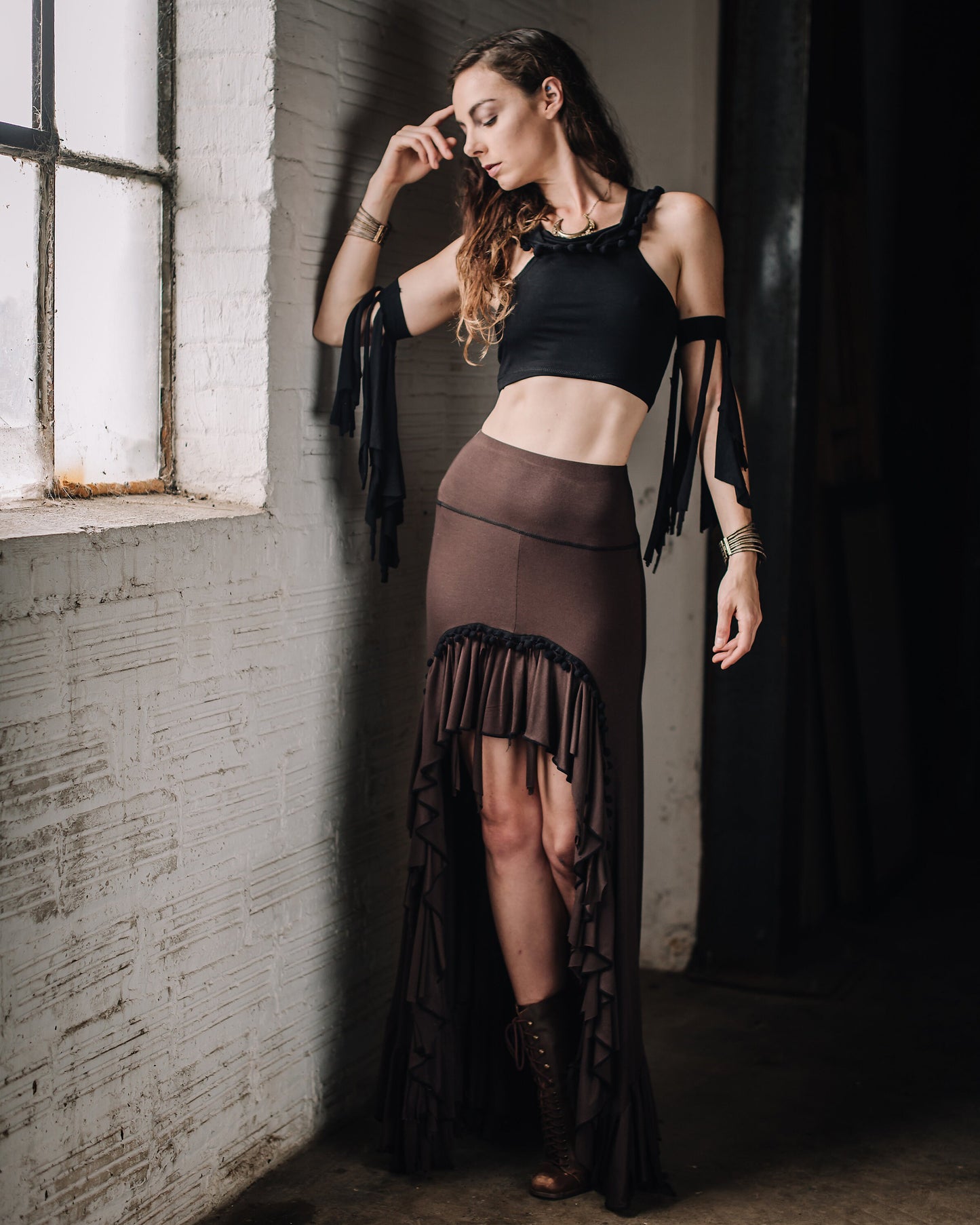 SALE Boho Hobo High Low Skirt, Fringe and Pom Pom Trim, Small/Tall Only Bellydance Flamenco Can Can Skirt, Steampunk Dark Fairy Costume