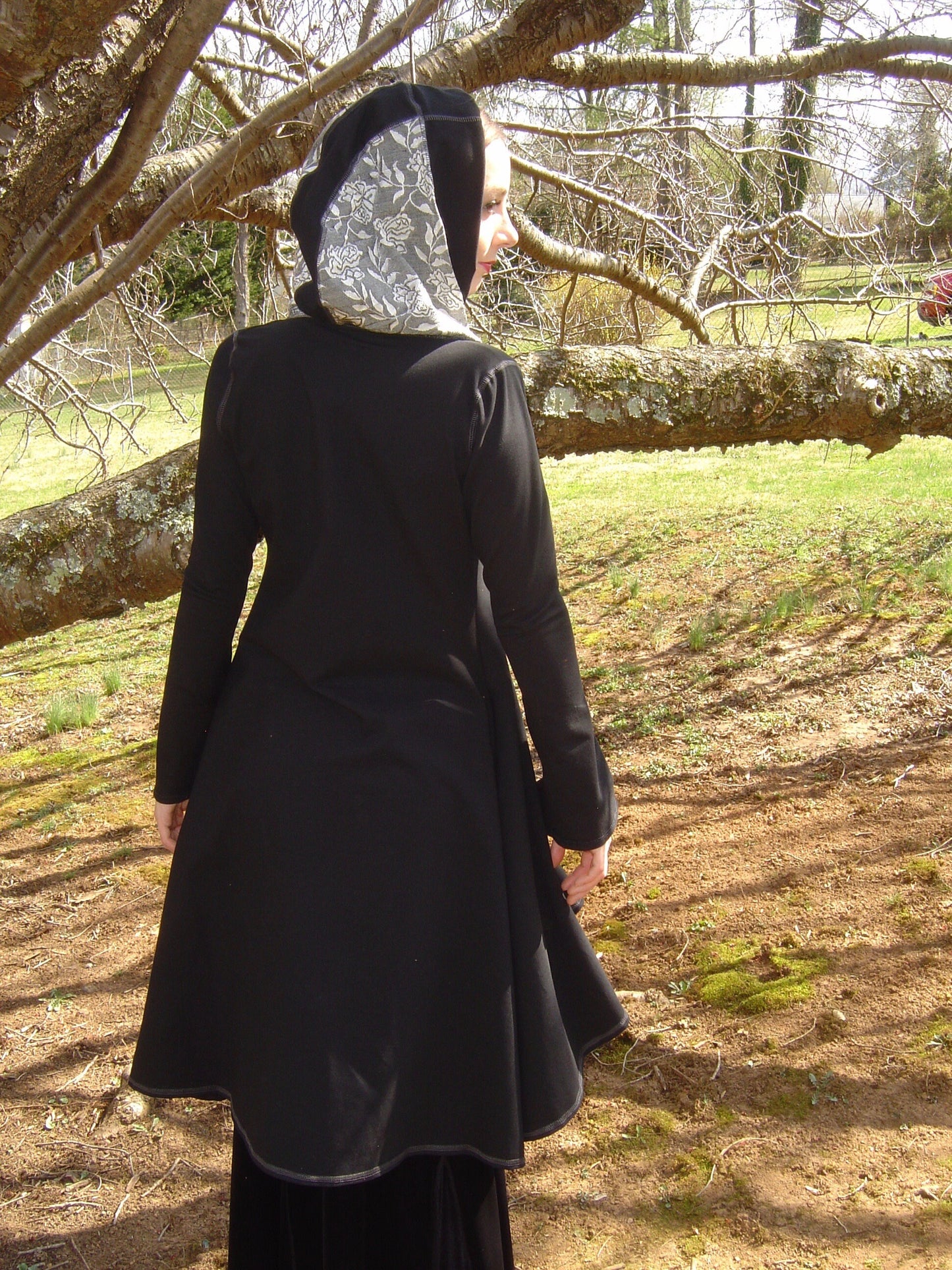 Diana Long Fitted Evening Jacket Hooded Maxi Coat, Buttons, Pockets in Organic Black Cotton Lycra, MEDIUM ONLY, Medieval Renaissance Costume