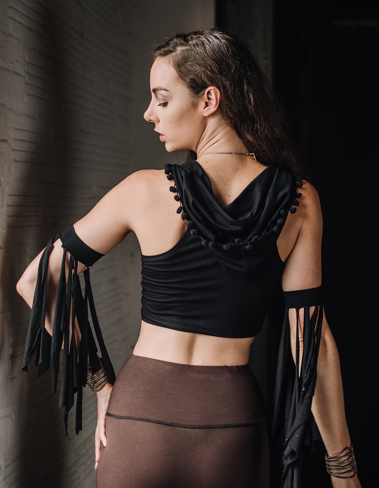 Emma Hooded Crop Top with Pompom Trim, Racerback Tank Hoodie, Boho, Hooping, Elven, Fairy, Burning Man, Festival Costume, Other Colors
