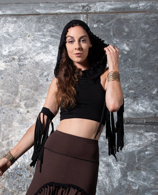 Emma Hooded Crop Top with Pompom Trim, Racerback Tank Hoodie, Boho, Hooping, Elven, Fairy, Burning Man, Festival Costume, Other Colors