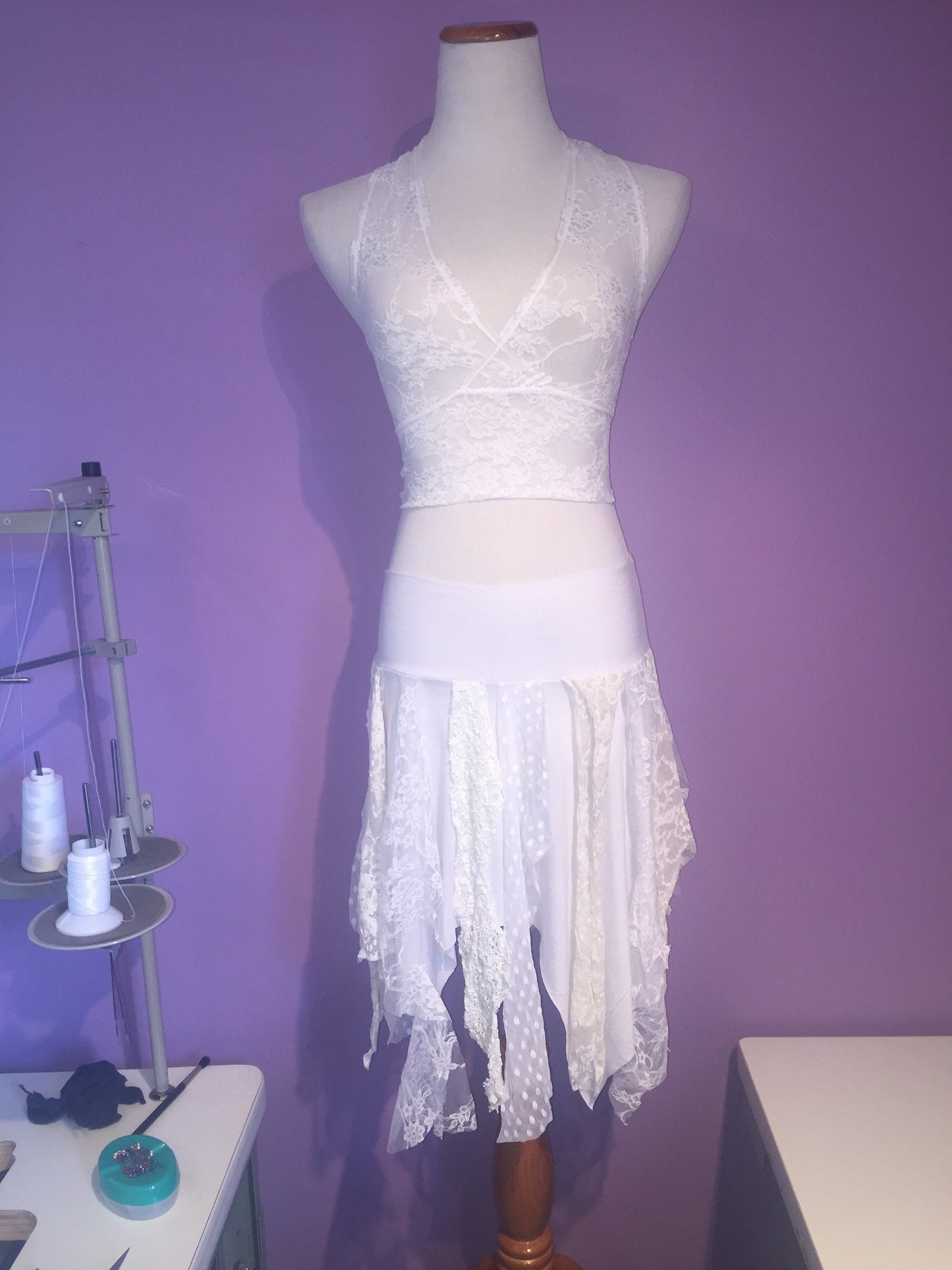 Ragamuffin Fairy Skirt in Lace and Modal, White & Cream, Also Top or Scarf, Tattered Skirt, Angel Fairy Nymph Costume, Boho, Danceskirt