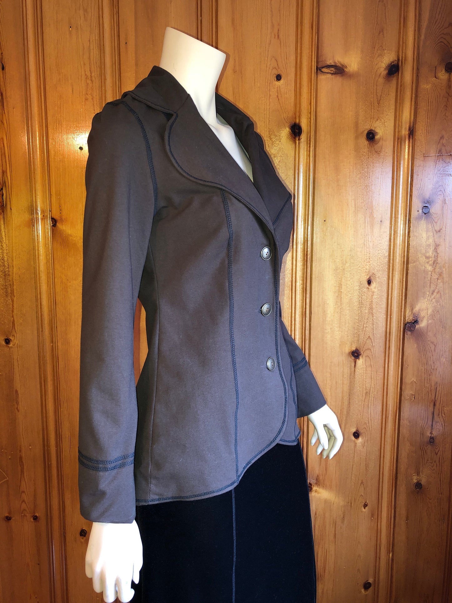 Steampunk Lined Jacket SMALL Only, Stretch Brown Cotton Lycra, Office Blazer Single Breasted Long Fitted Jacket, Brass Buttons
