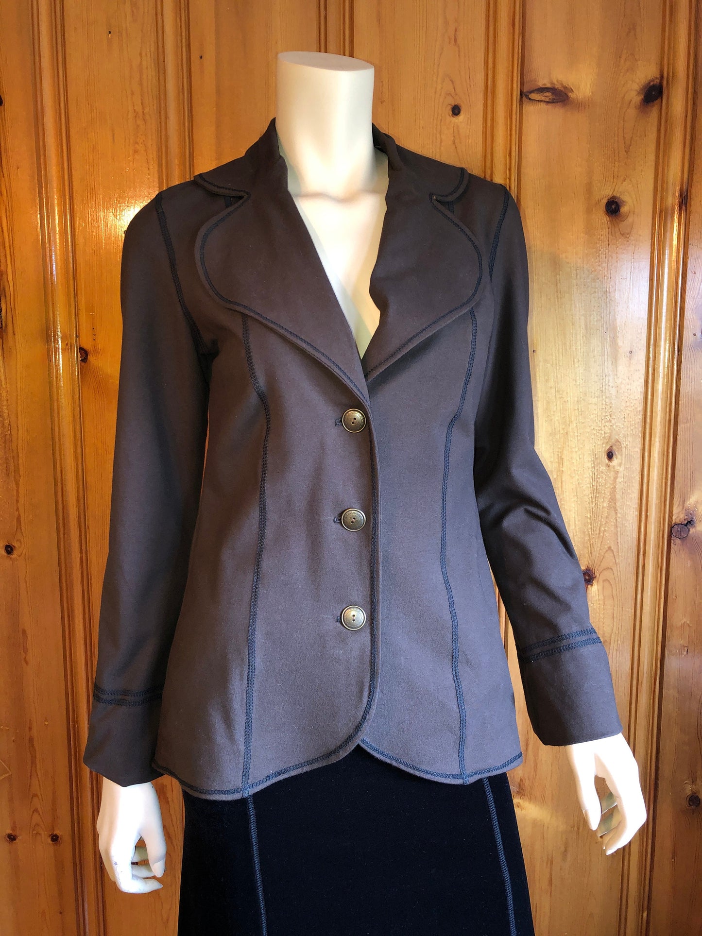 Steampunk Lined Jacket SMALL Only, Stretch Brown Cotton Lycra, Office Blazer Single Breasted Long Fitted Jacket, Brass Buttons