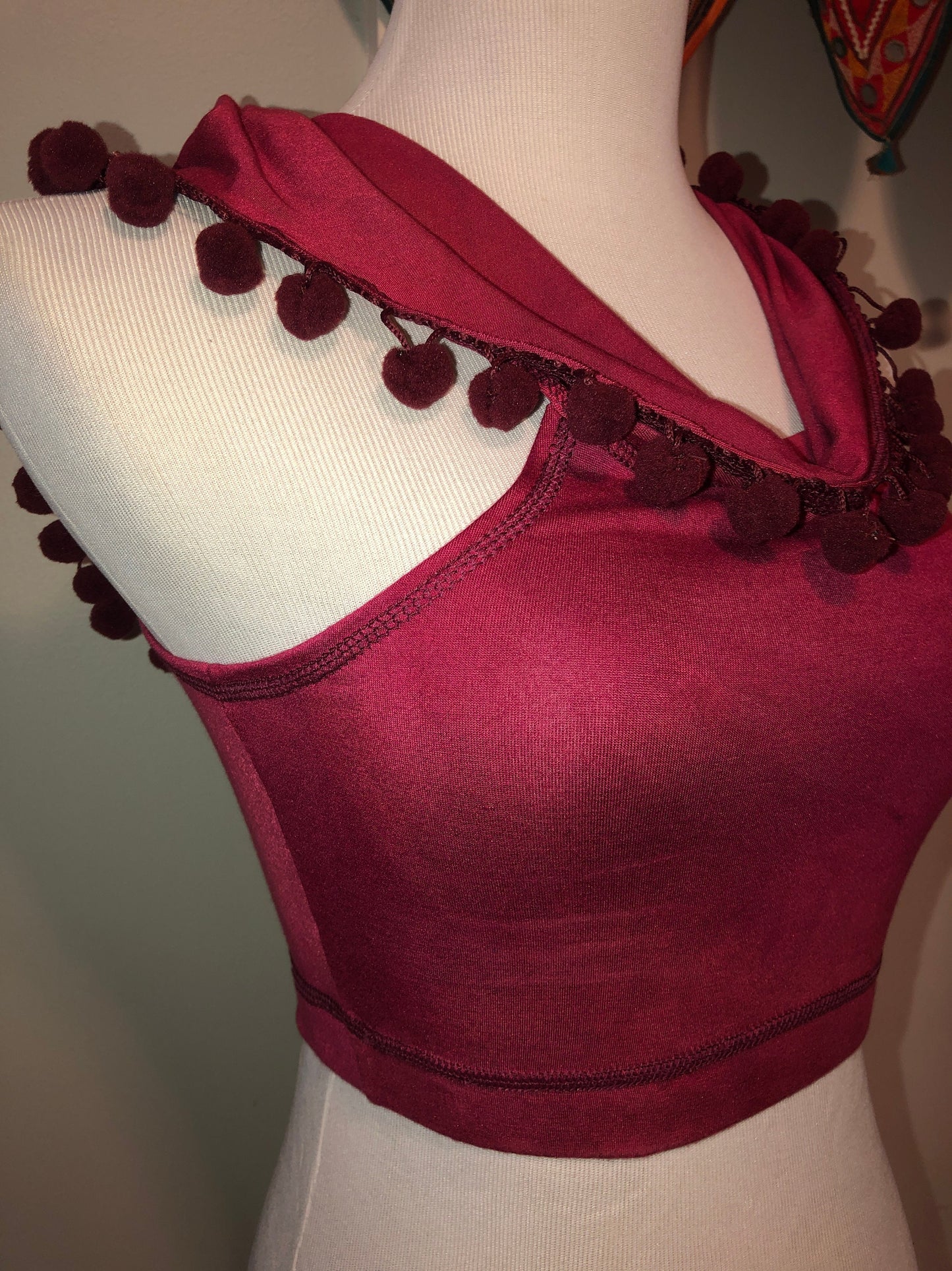 Hand-dyed Emma Hooded Crop Top with Pompom Trim, Boho, Festival, Soft Stretch Modal in Raspberry