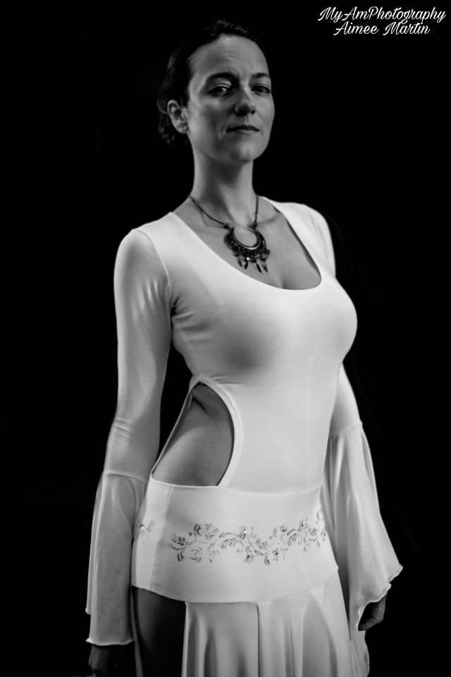 Priestess dress, medieval, ceremonial, perfomance, dancewear, soft stretch modal, hand-printed and diamante hip/waistband, also in black