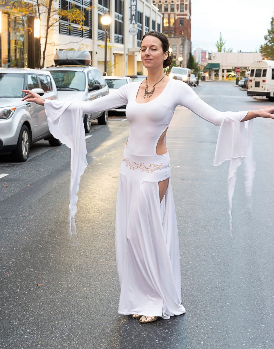 Priestess dress, medieval, ceremonial, perfomance, dancewear, soft stretch modal, hand-printed and diamante hip/waistband, also in black