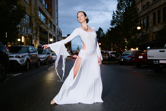 Priestess dress, medieval, ceremonial, perfomance, dancewear, soft stretch modal, hand-printed and diamante hip/waistband, also in black