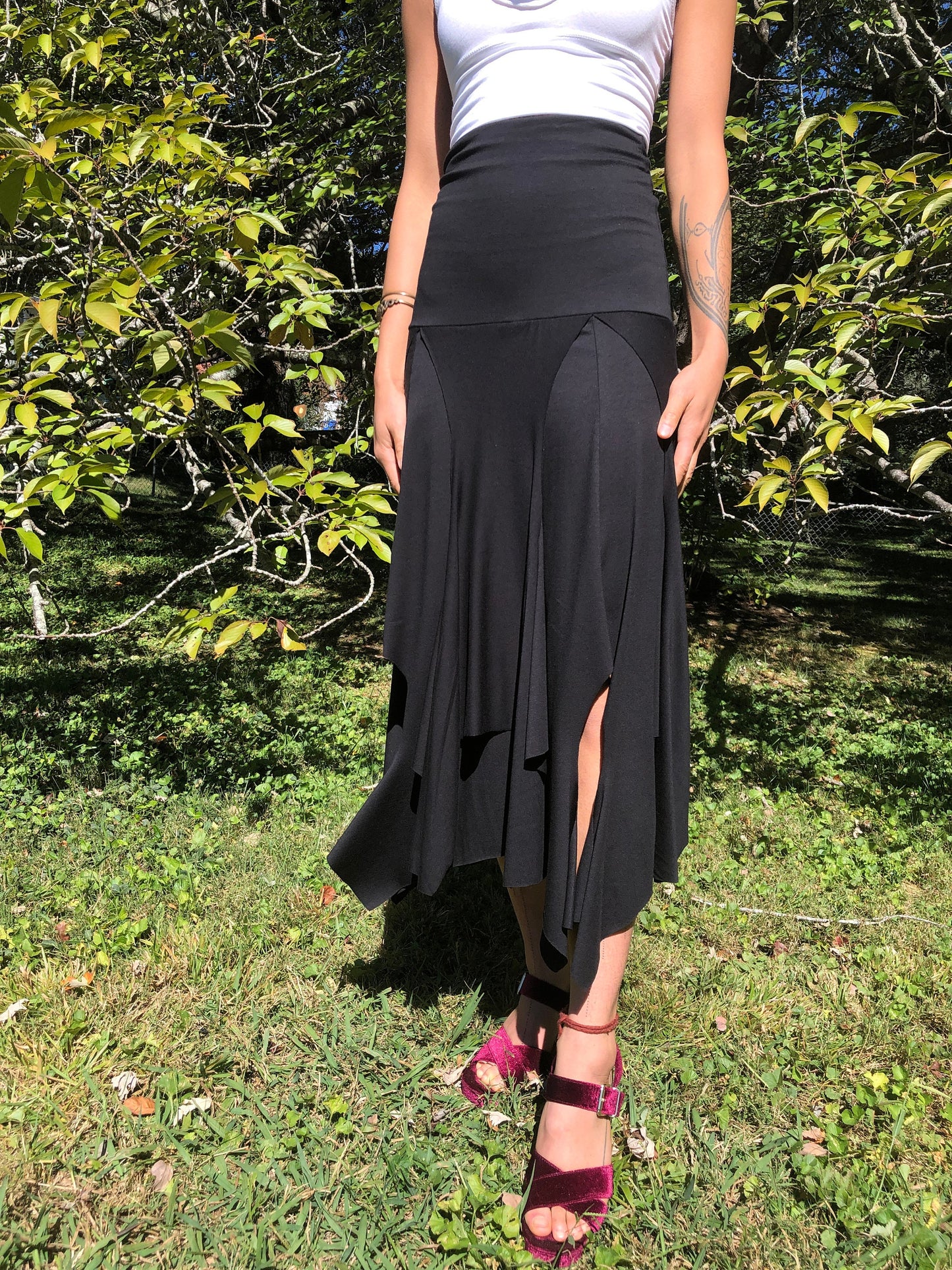 Isadora High Waist, Multi Paneled Fairy, Boho Skirt, Soft Stretch Modal Black, Dancewear, Performance, Tattered Pagan Ceremonial, Priestess