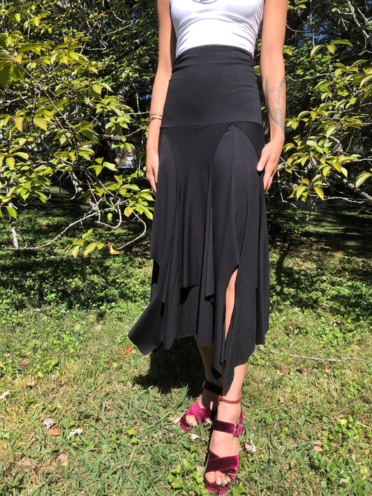 Isadora High Waist, Multi Paneled Fairy, Boho Skirt, Soft Stretch Modal  Black, Dancewear, Performance, Tattered Pagan Ceremonial, Priestess