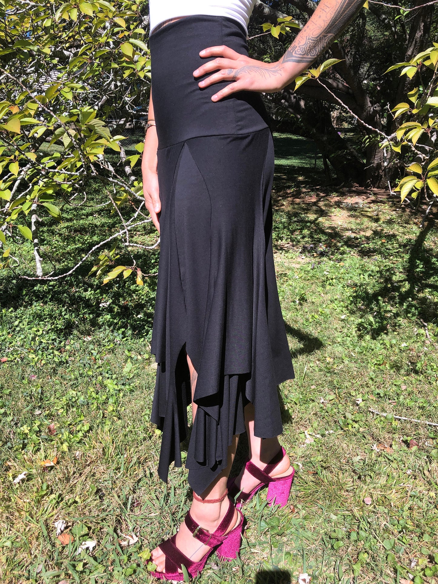 Isadora High Waist, Multi Paneled Fairy, Boho Skirt, Soft Stretch Modal Black, Dancewear, Performance, Tattered Pagan Ceremonial, Priestess