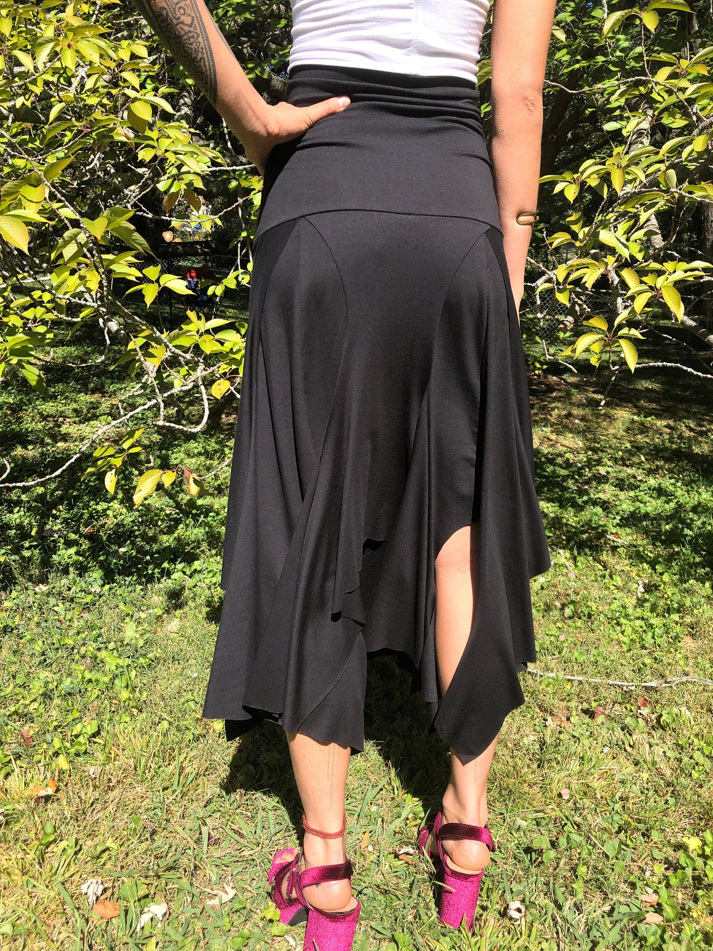 Isadora High Waist, Multi Paneled Fairy, Boho Skirt, Soft Stretch Modal Black, Dancewear, Performance, Tattered Pagan Ceremonial, Priestess