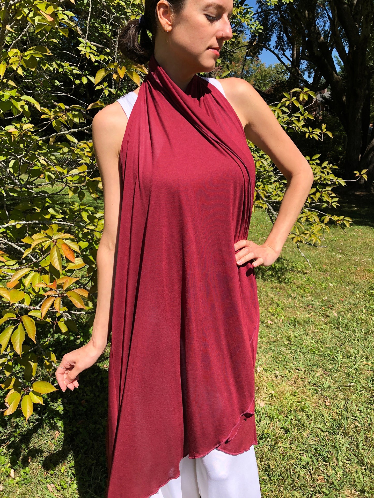 Tantra Halter Cardigan Festival Top/Skirt, Soft, Fluid, Lightweight, Draping, Burgundy Tencel Fine Knit, Beach Cover-Up, Dancewear, Cape