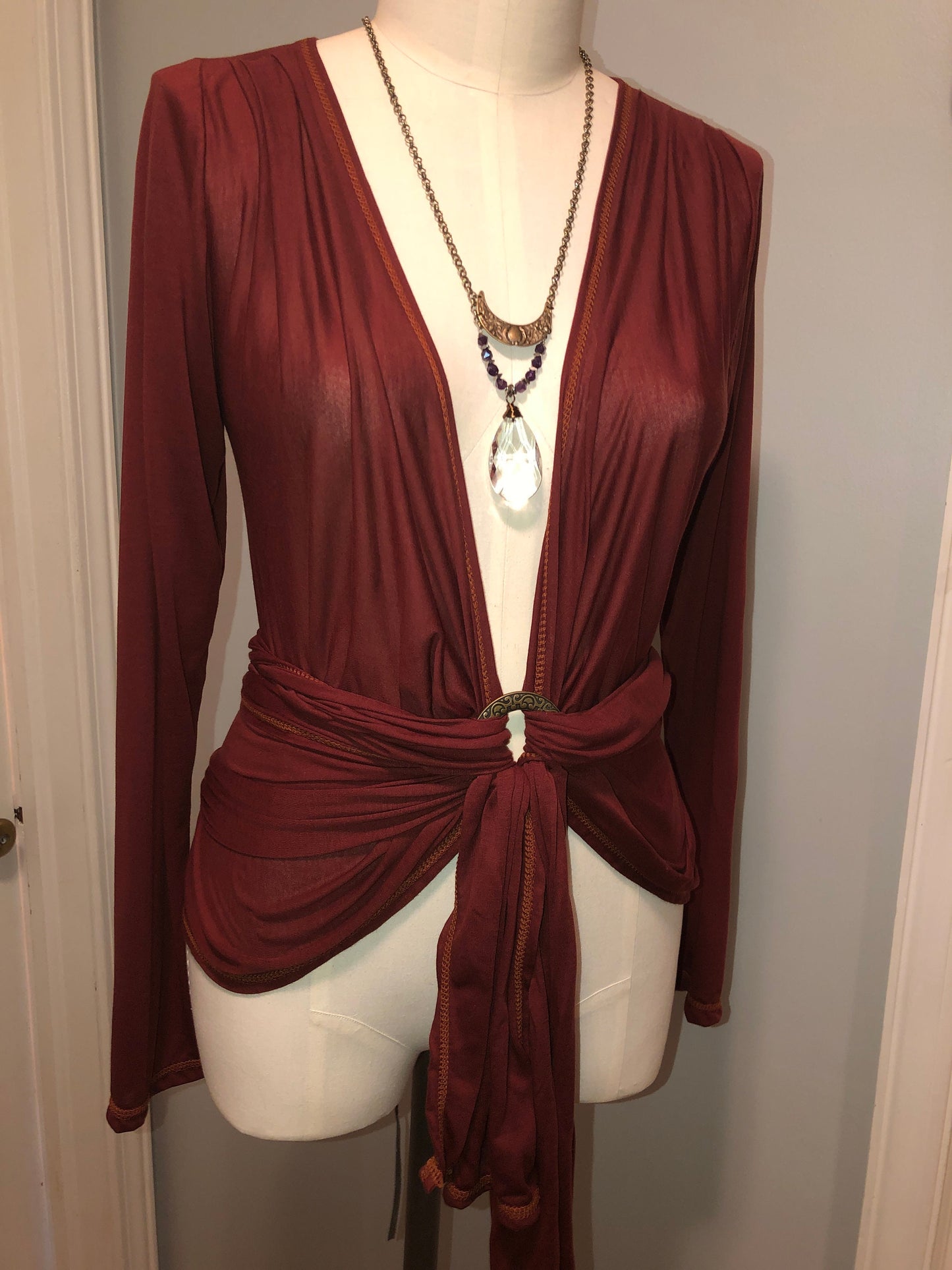 The Olivia Wrap Top Long Sleeves in Cobalt Blue Tencel - Layering Top, Tie Top, Bohemian Fairy Top, Brass like O Ring Feature
