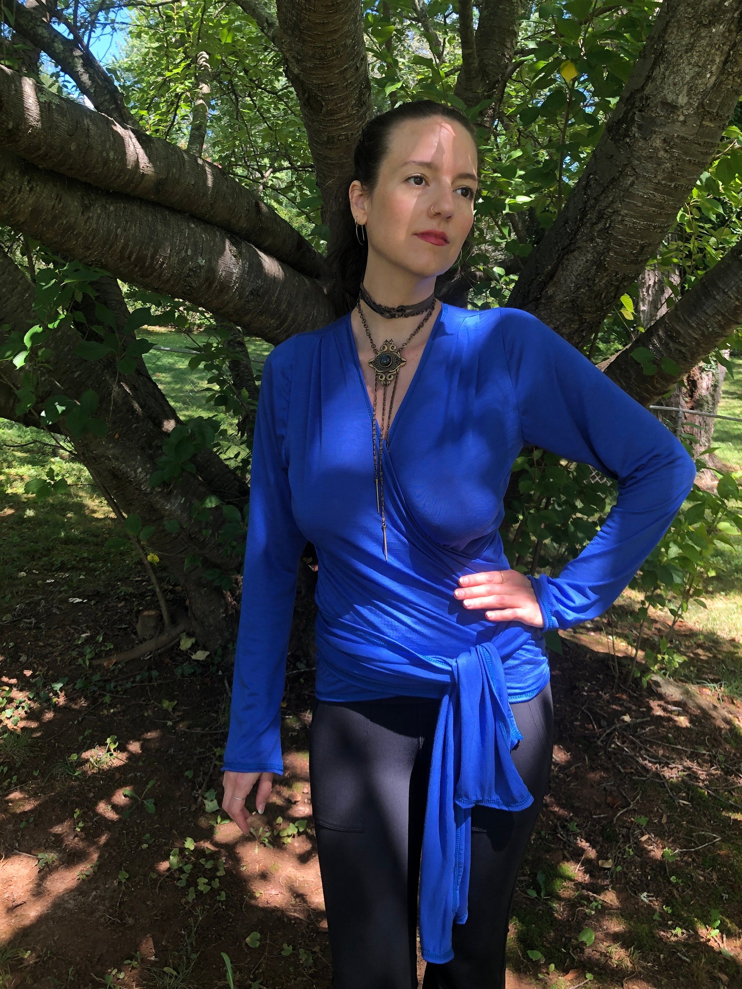 The Olivia Wrap Top Long Sleeves in Cobalt Blue Tencel - Layering Top, Tie Top, Bohemian Fairy Top, Brass like O Ring Feature