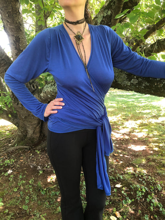 The Olivia Wrap Top Long Sleeves in Cobalt Blue Tencel - Layering Top, Tie Top, Bohemian Fairy Top, Brass like O Ring Feature