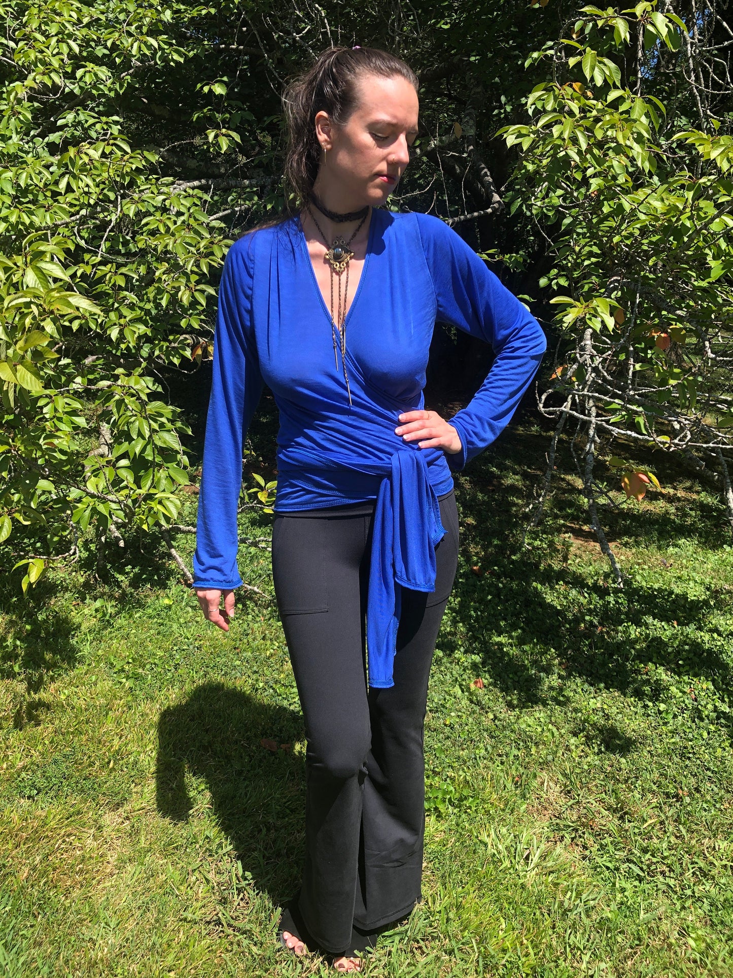 The Olivia Wrap Top Long Sleeves in Cobalt Blue Tencel - Layering Top, Tie Top, Bohemian Fairy Top, Brass like O Ring Feature