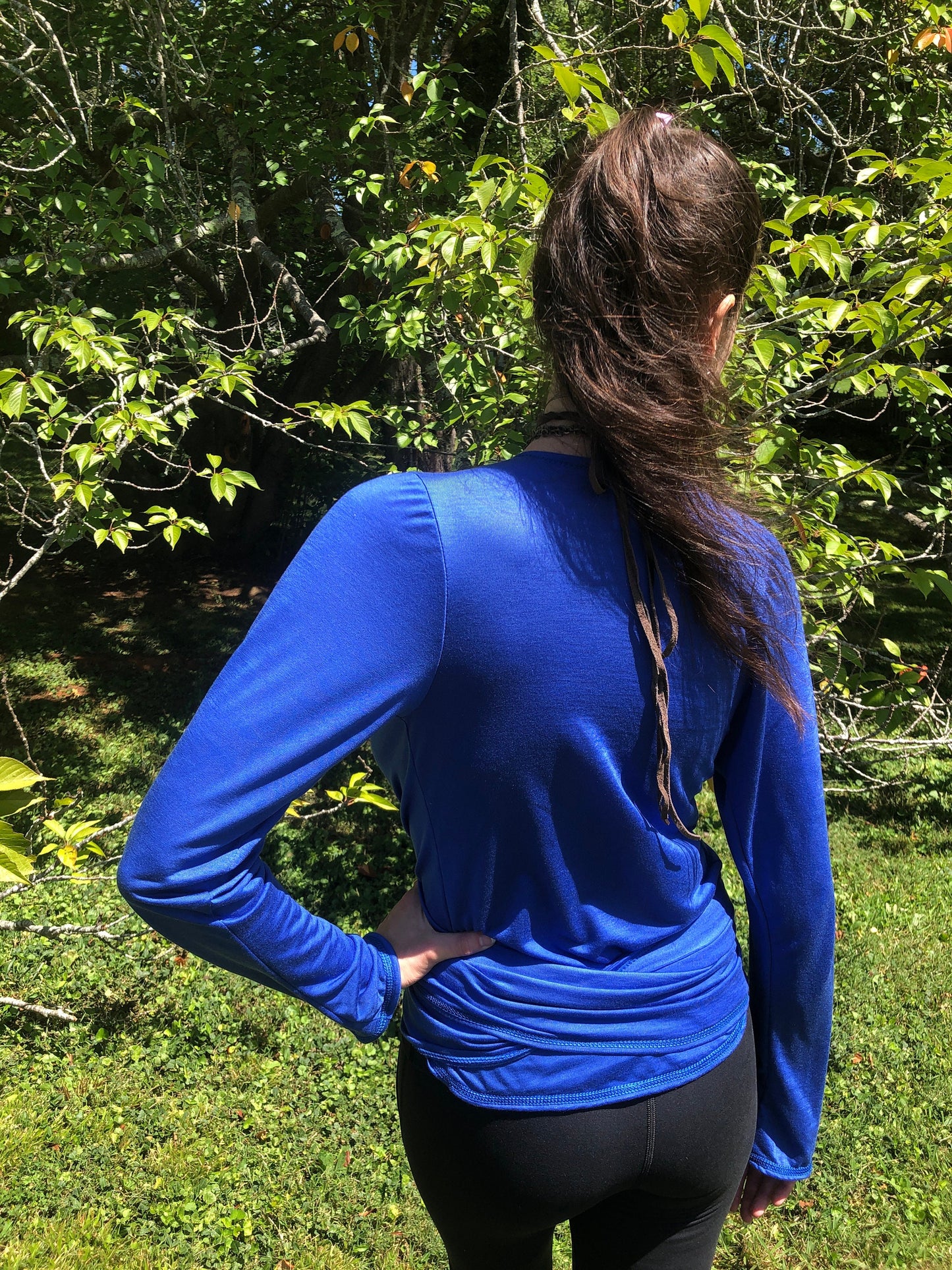 The Olivia Wrap Top Long Sleeves in Cobalt Blue Tencel - Layering Top, Tie Top, Bohemian Fairy Top, Brass like O Ring Feature