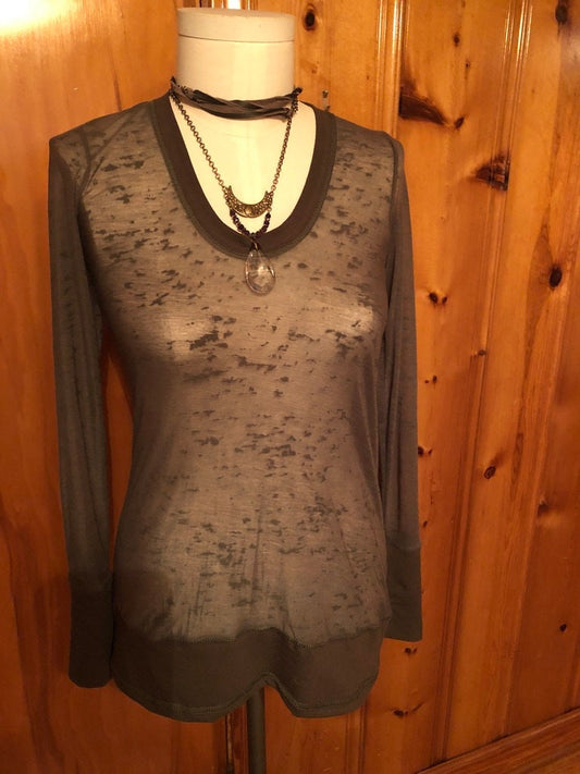 Sheer Scoop Neck, Cotton Lycra Stretch Knit, T shirt top, Long Line Tunic, Long Sleeves, Boho, Scrunch Cuffs, See-Through Woodland Fairy