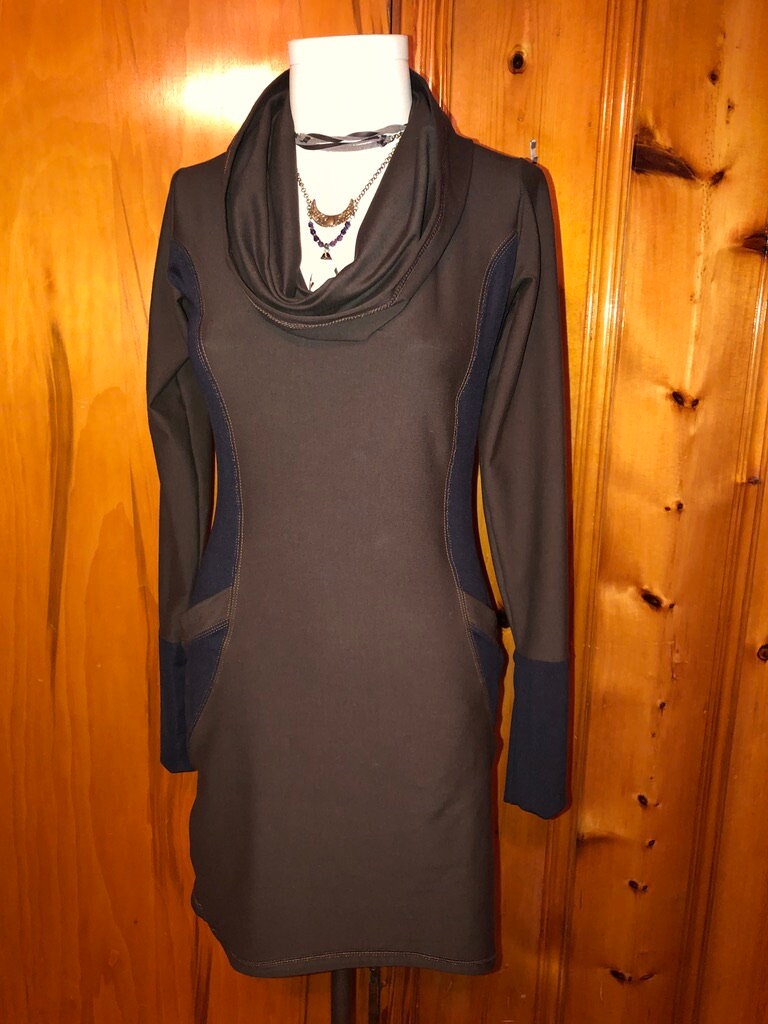 The Zoe Hoodie Cowl Neck Dress, Stretch Cotton Lycra, Shaped Torso, Pockets, Long Sleeves, Scrunch Cuffs, Athleisure