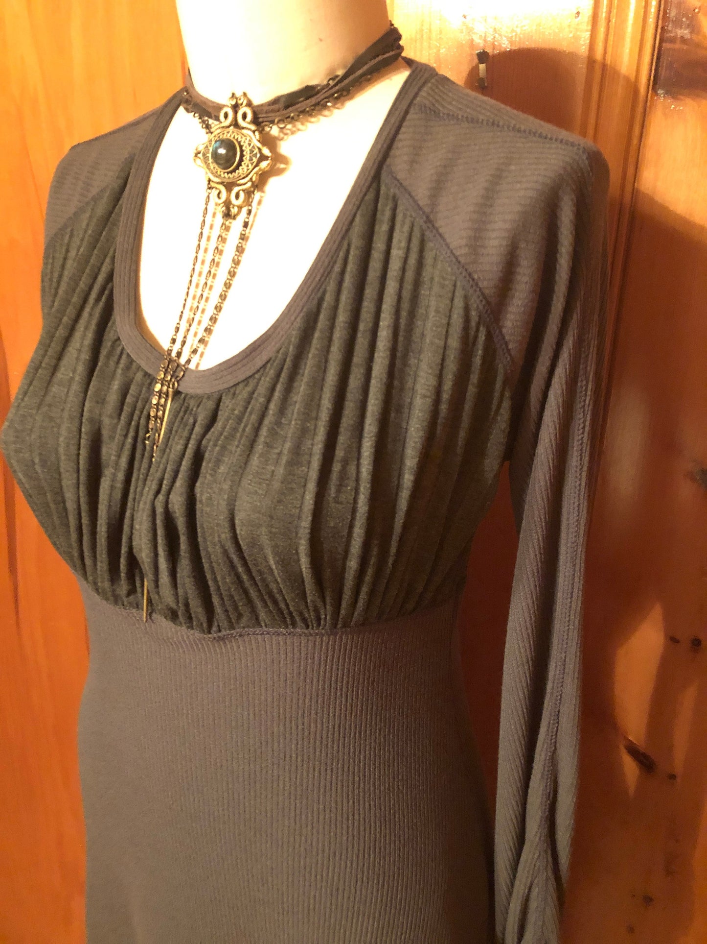 Willow Dress - Long Bell Sleeves, Cloud Grey Stretch Knit, Flowy, Winter Boho, Subtle Bodice Stripes