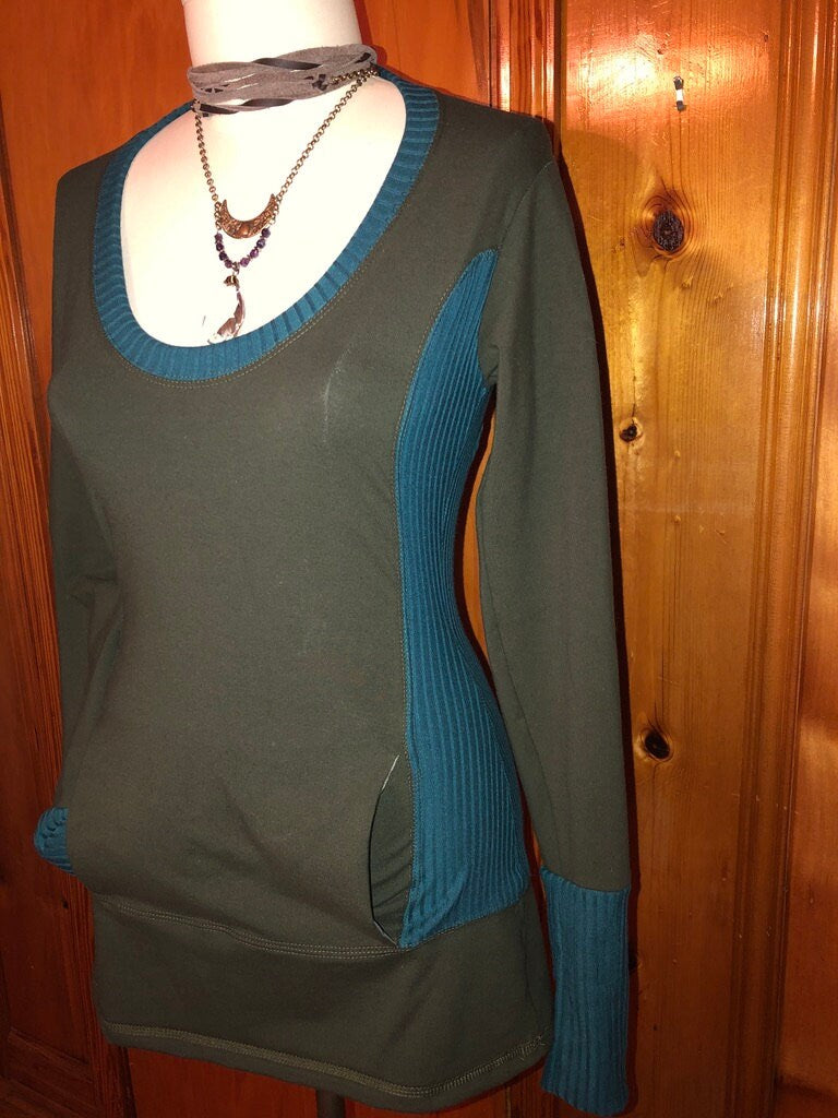 Cotton Lycra Scoop Neck, Kangaroo Pocket, Rib Stretch Knit, Shaped Torso, Olive Long Tunic, Boho, Scrunch Cuffs, Woodland Fairy, Small Only