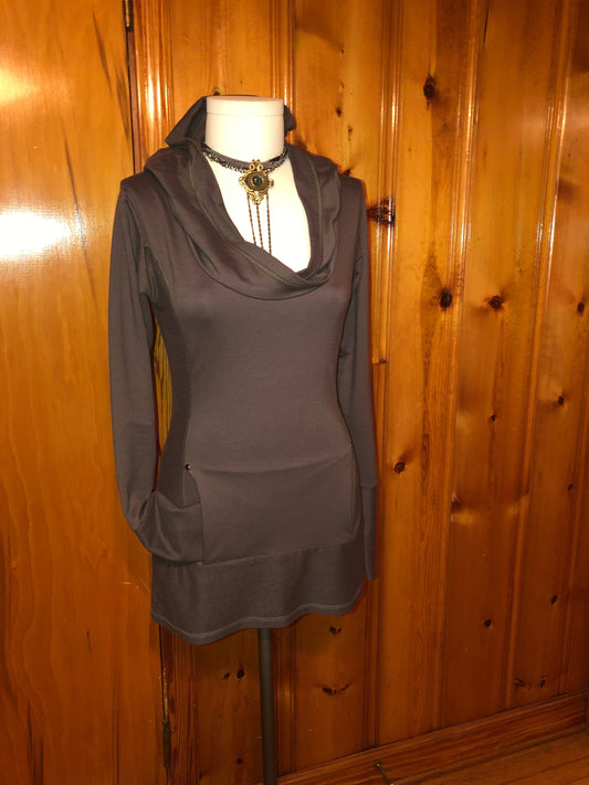 Cowl Hoodie Sweatshirt, Stretch Cotton Terry, Shaped Torso, Kangaroo Pocket, Long Line Tunic, Long Sleeves, Scrunch Cuffs, Athleisure Fairy,