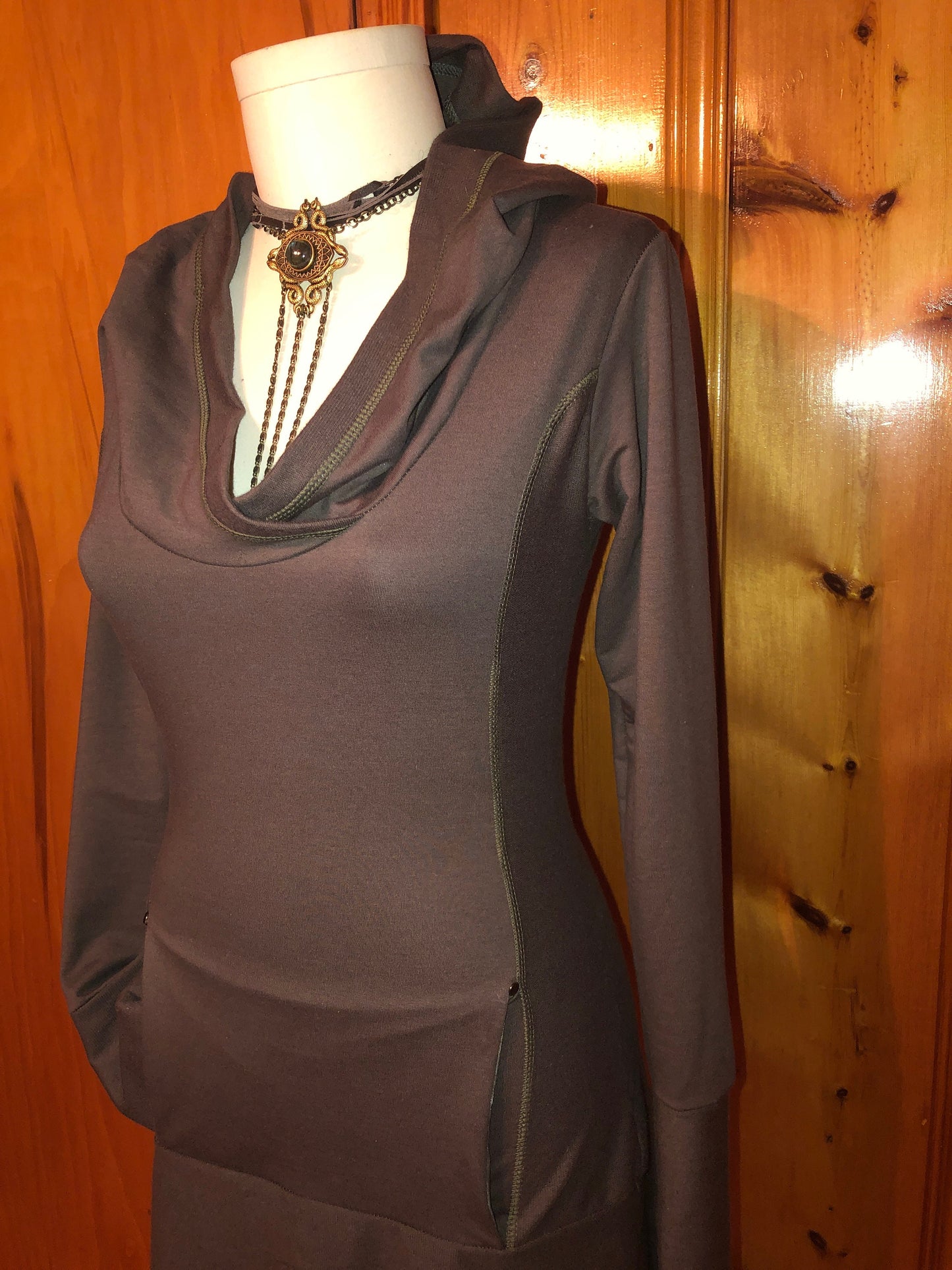 Cowl Hoodie Sweatshirt, Stretch Cotton Terry, Shaped Torso, Kangaroo Pocket, Long Line Tunic, Long Sleeves, Scrunch Cuffs, Athleisure Fairy,