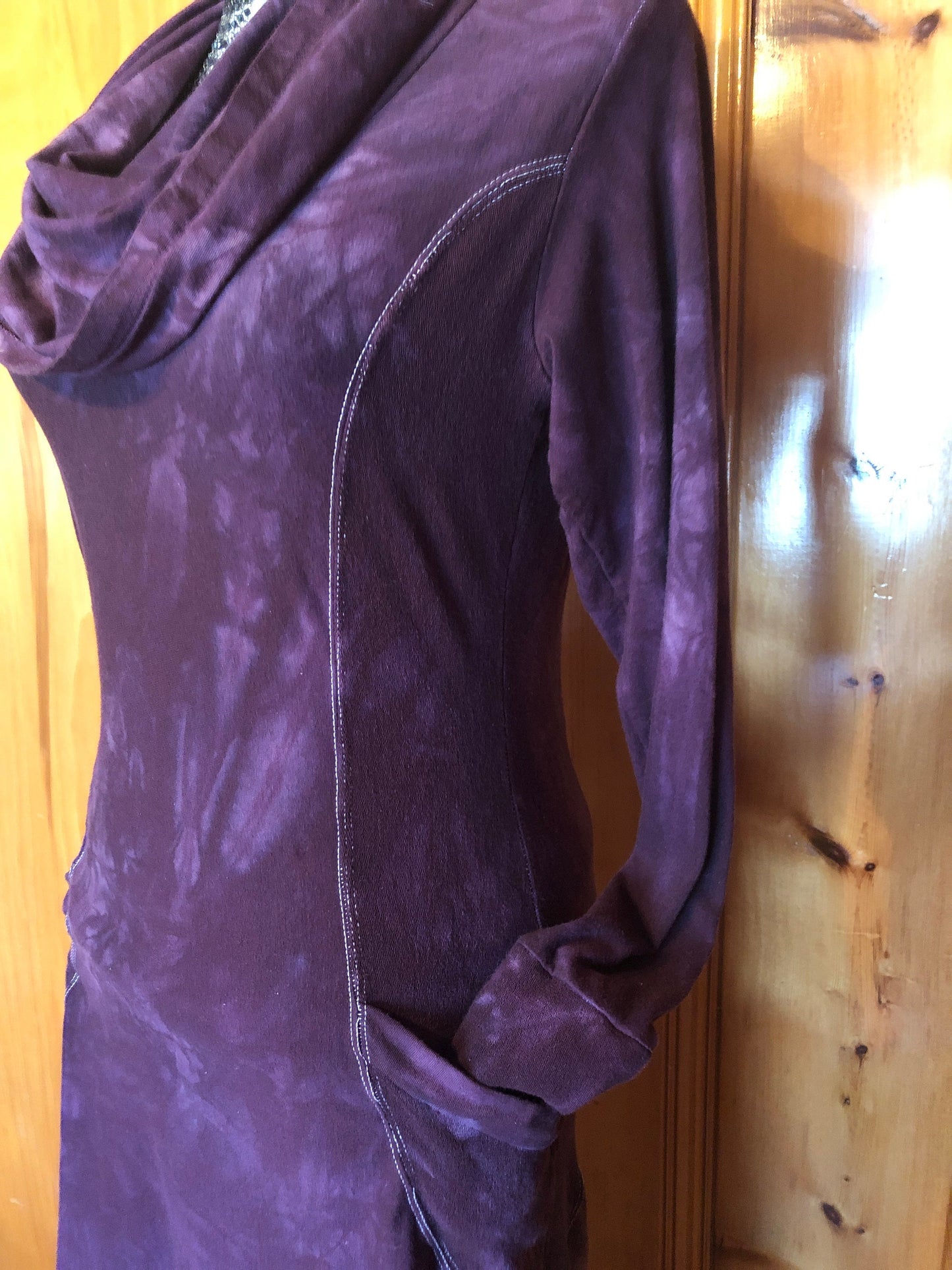 Hand Dyed, Bamboo/Hemp Hoodie Cowl Neck Dress, Stretch Terry and Jersey Shaped Torso, Pockets, Long Sleeves, Scrunch Cuffs, Athleisure