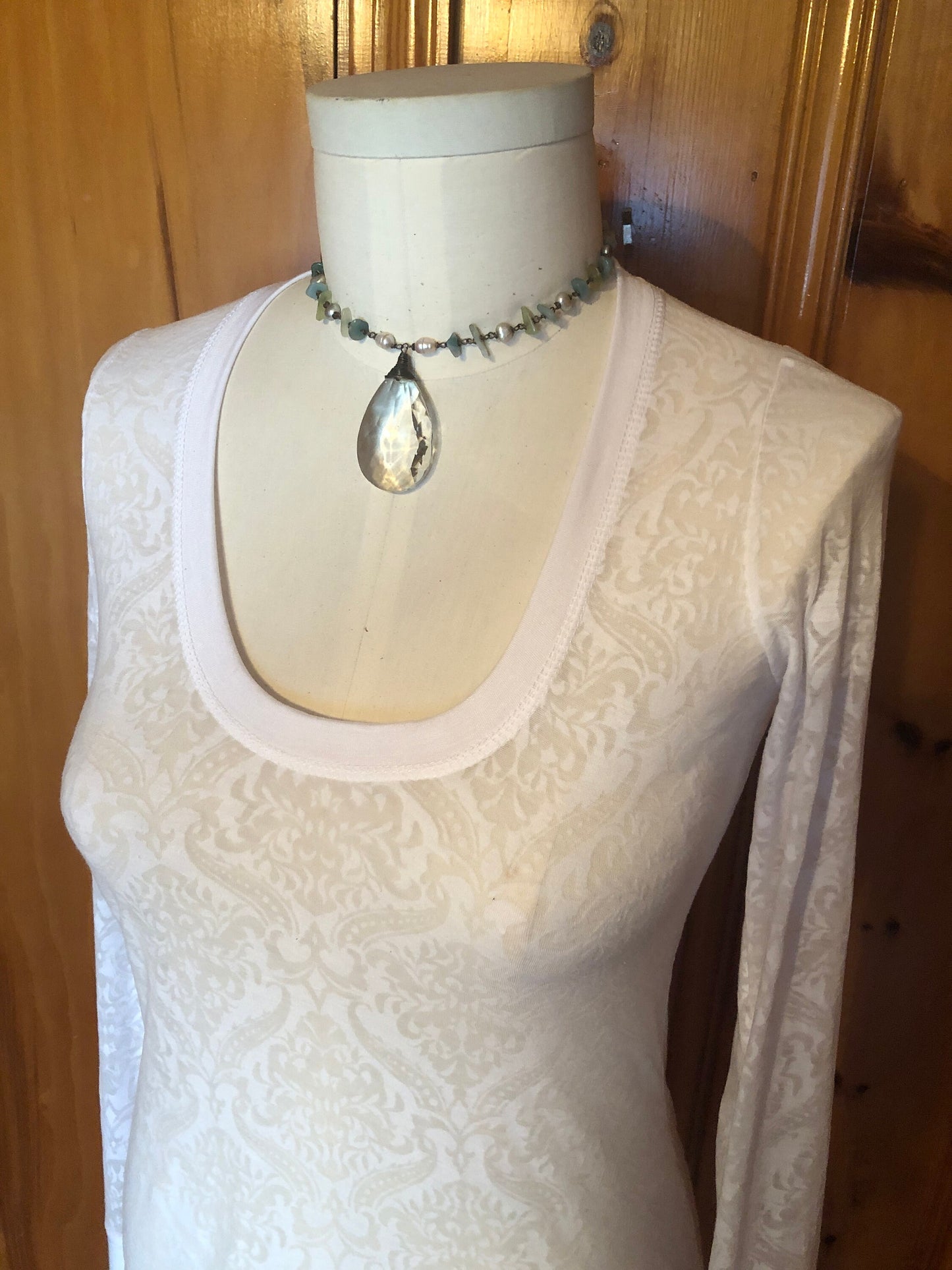 Sheer Scoop Neck, White Damask Print, Burn-Out Stretch Knit, T shirt top, Long Line Tunic, Long Sleeves, Boho, Scrunch Cuffs, Ethereal Fairy