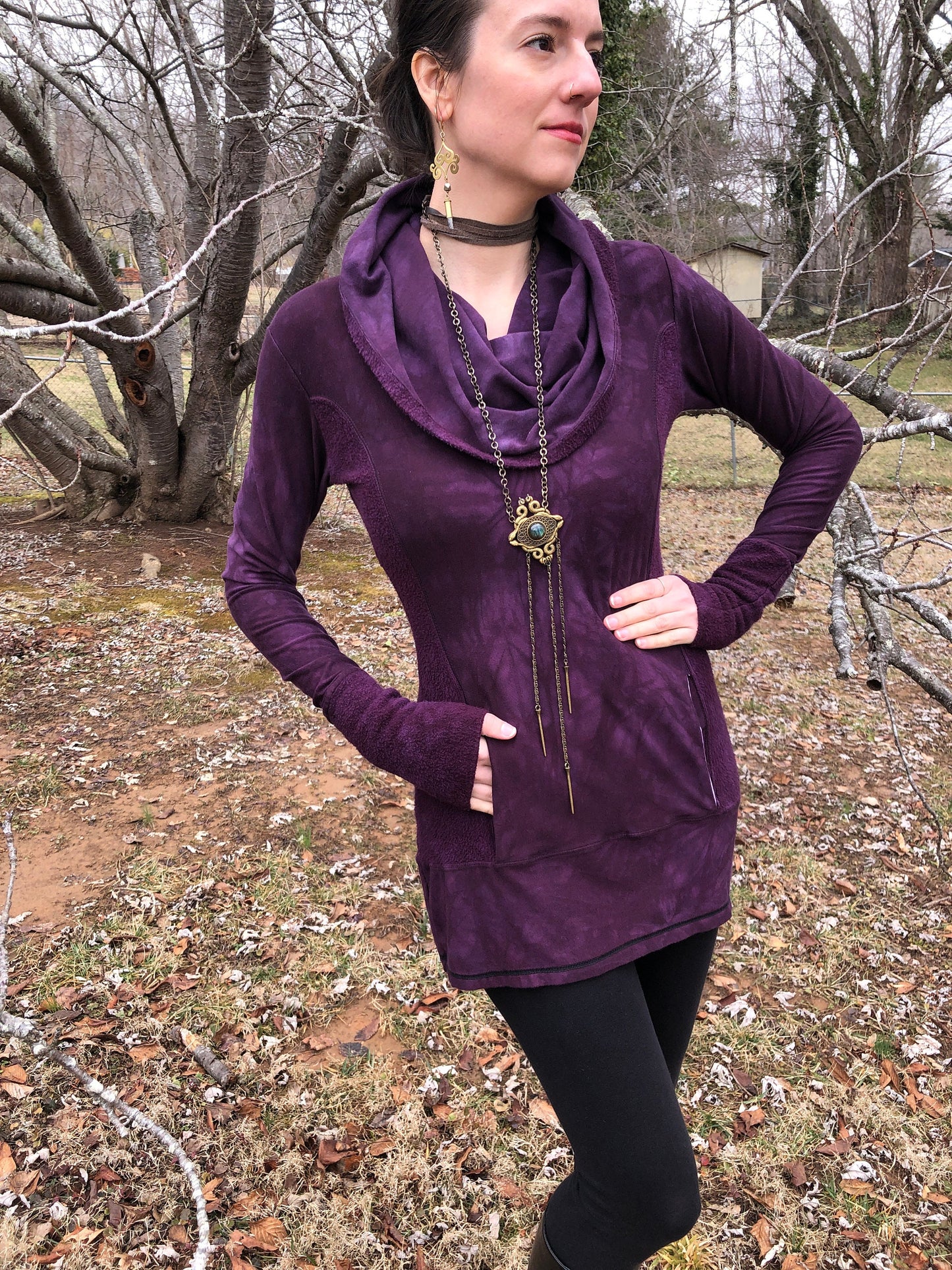 Hand-dyed Bamboo/Hemp Athleisure Cowl Hoodie. Burgundy Stretch Jersey and Fleece. Kangaroo pocket. Long Line Tunic, Boho, Scrunch Cuffs