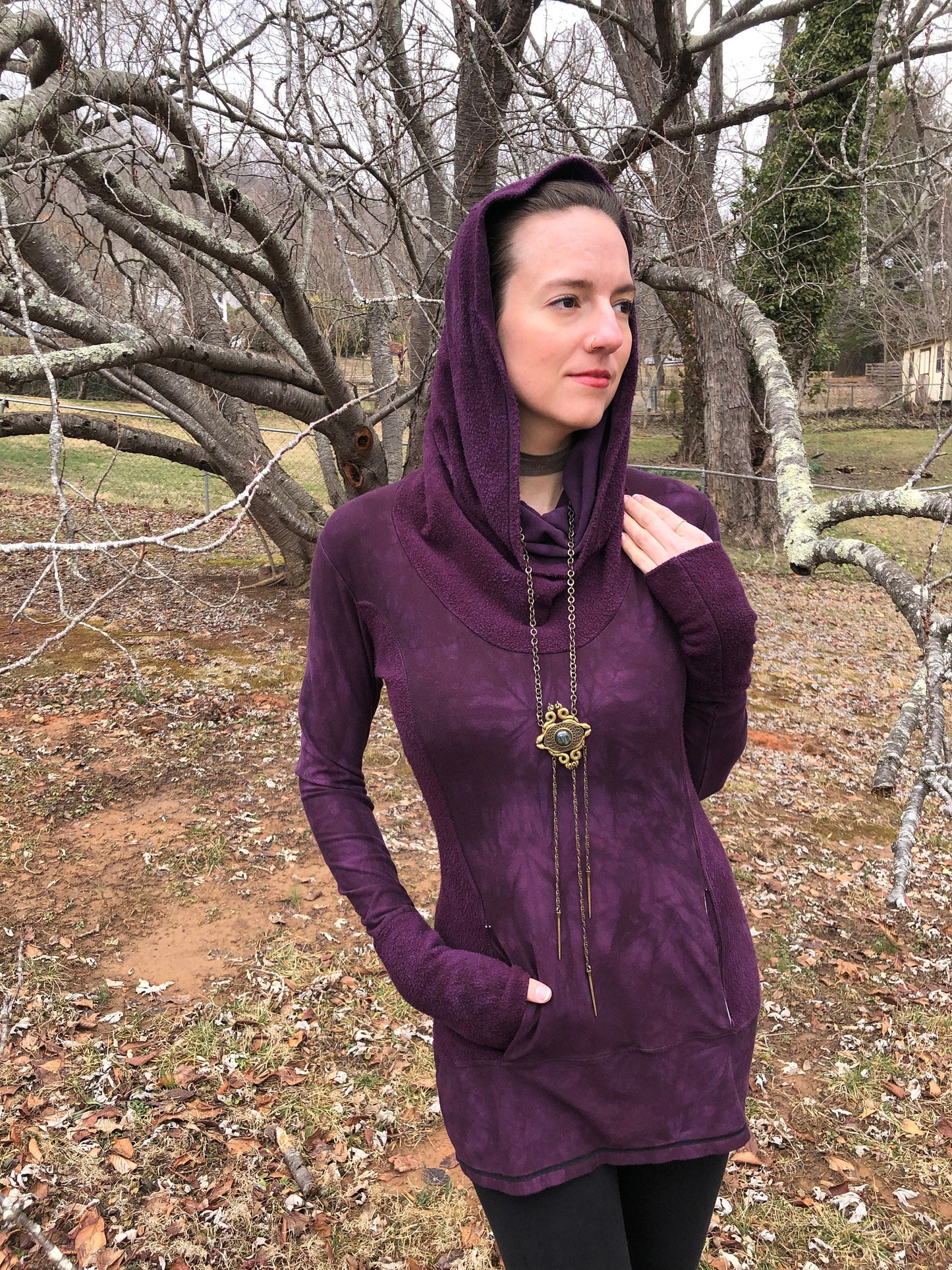 Hand-dyed Bamboo/Hemp Athleisure Cowl Hoodie. Burgundy Stretch Jersey and Fleece. Kangaroo pocket. Long Line Tunic, Boho, Scrunch Cuffs