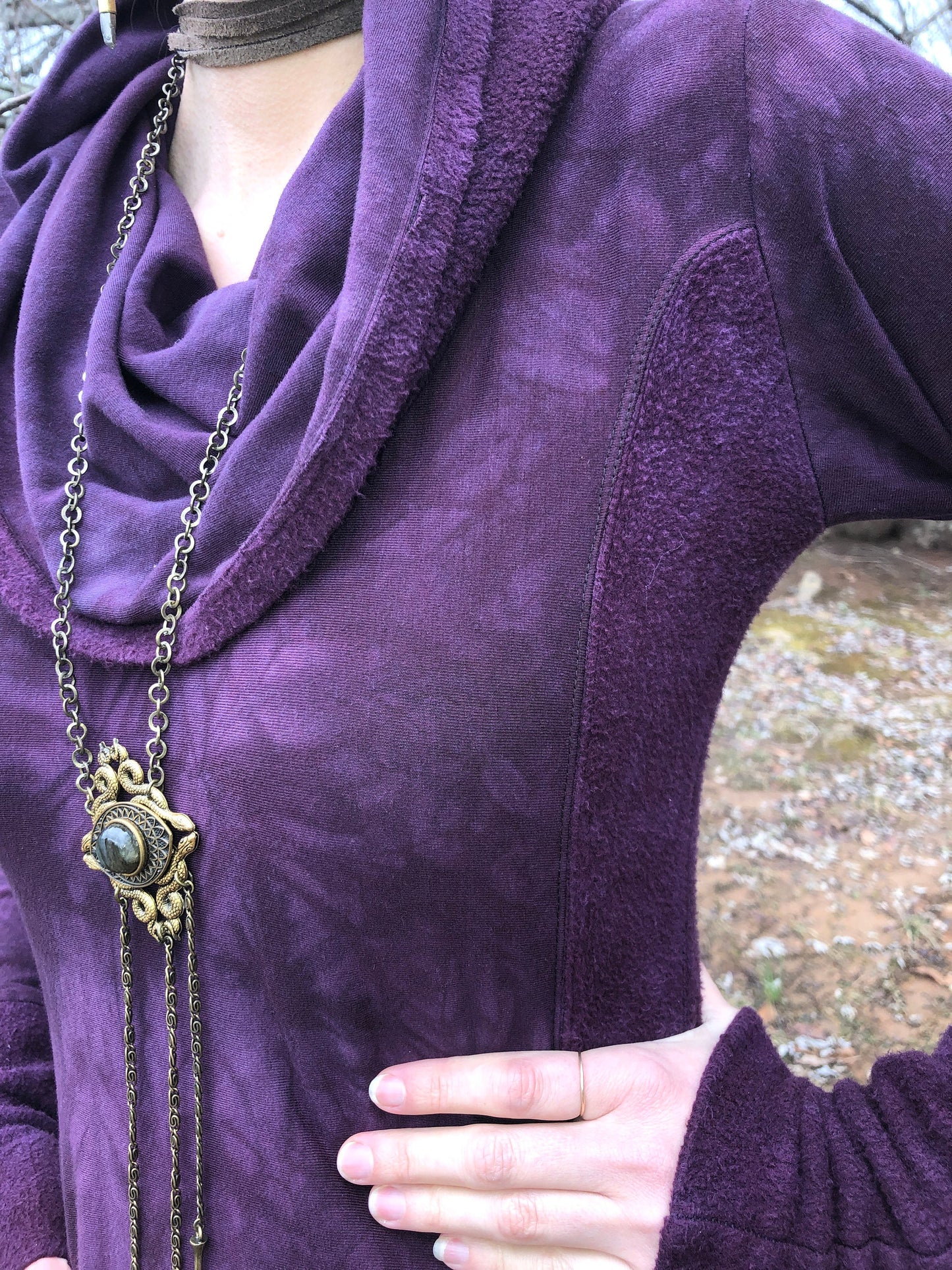 Hand-dyed Bamboo/Hemp Athleisure Cowl Hoodie. Burgundy Stretch Jersey and Fleece. Kangaroo pocket. Long Line Tunic, Boho, Scrunch Cuffs