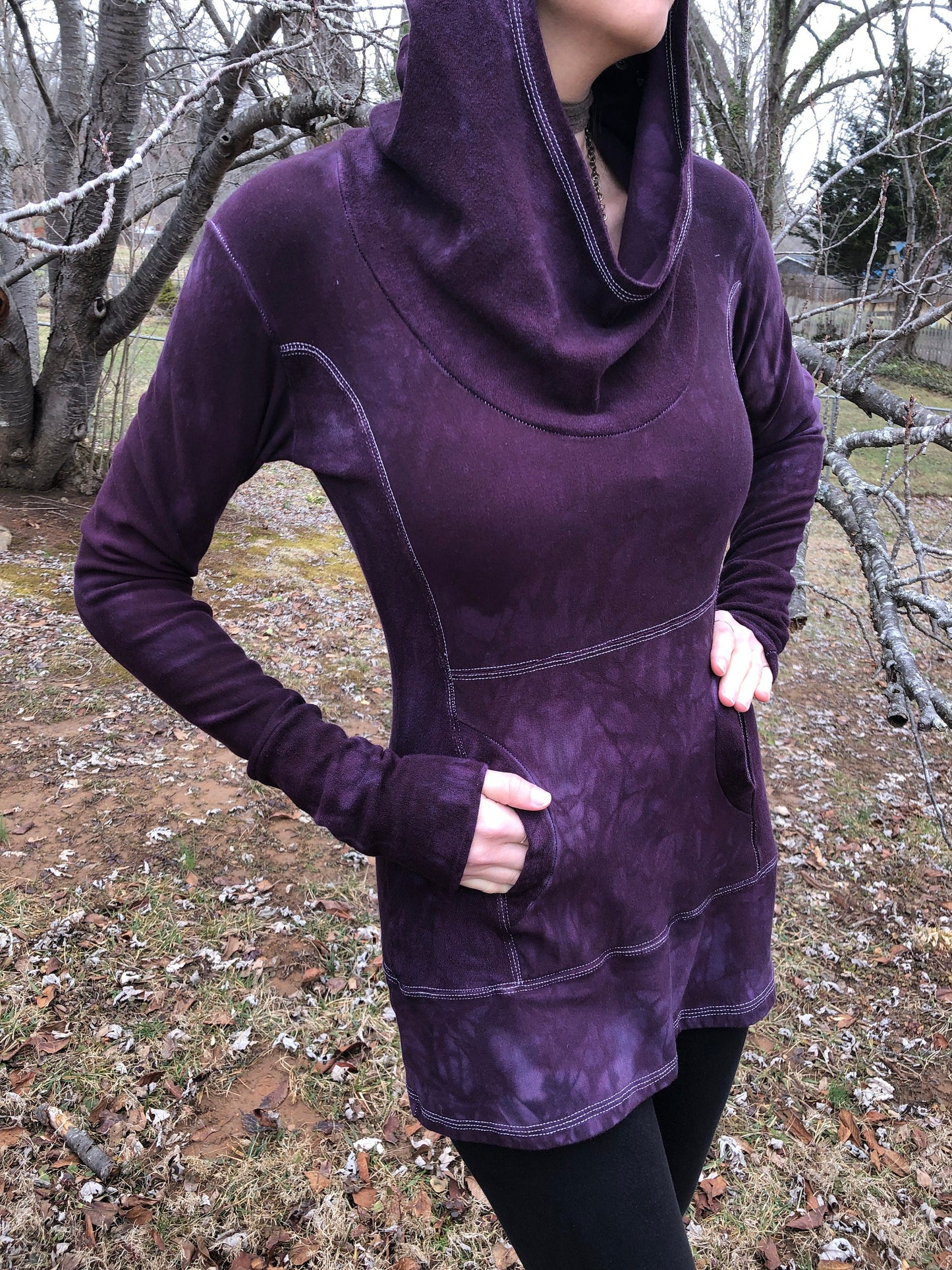 Hand Dyed Hemp/Bamboo Hoodie Cowl Neck, Terry, Shaped Torso, Kangaroo Pocket, Long Line Tunic, Long Sleeves Scrunch Cuffs, Athleisure