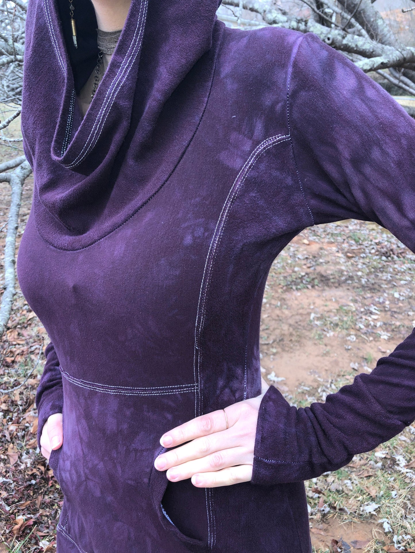 Hand Dyed Hemp/Bamboo Hoodie Cowl Neck, Terry, Shaped Torso, Kangaroo Pocket, Long Line Tunic, Long Sleeves Scrunch Cuffs, Athleisure