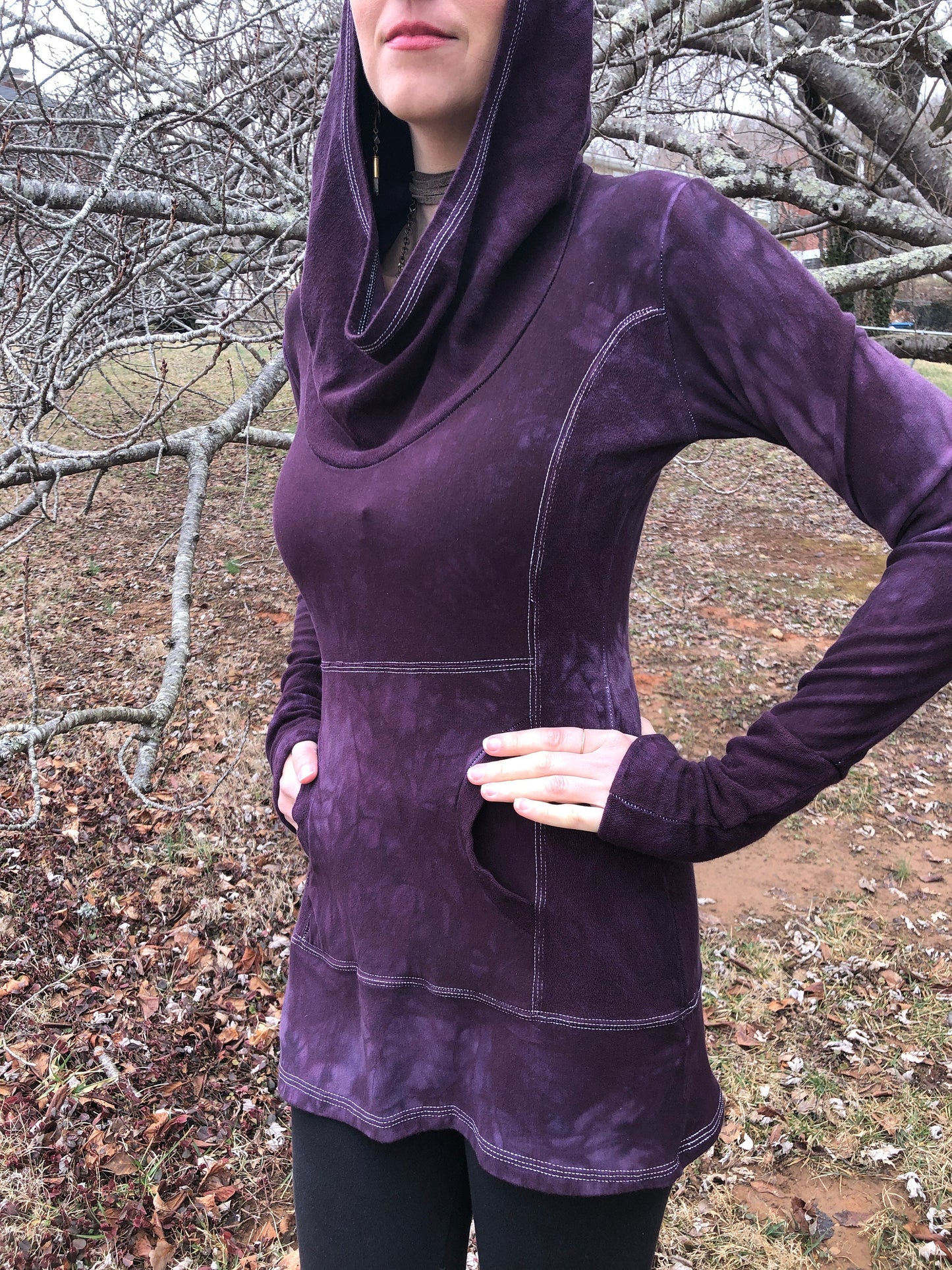 Hand Dyed Hemp/Bamboo Hoodie Cowl Neck, Terry, Shaped Torso, Kangaroo Pocket, Long Line Tunic, Long Sleeves Scrunch Cuffs, Athleisure
