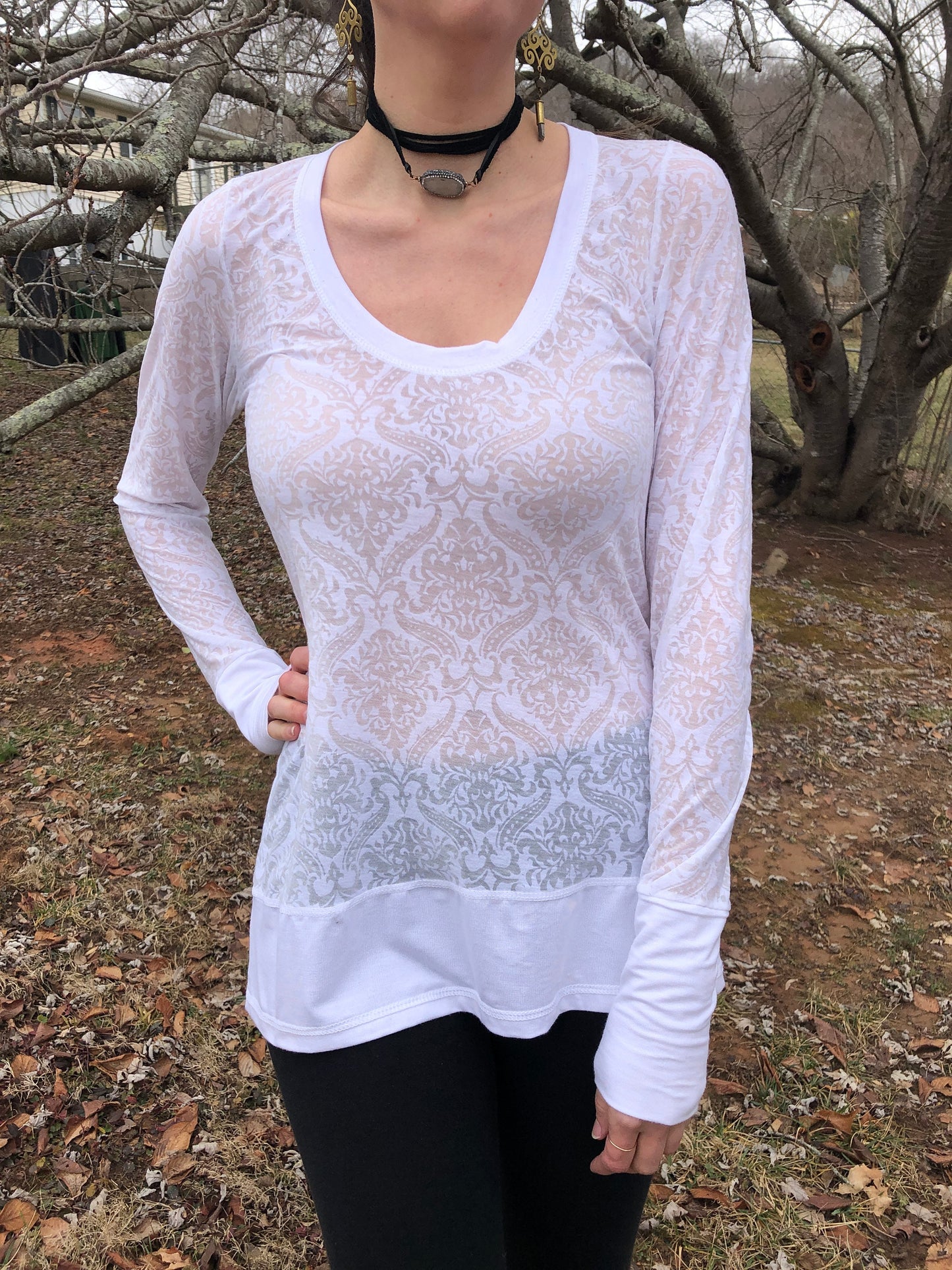 Sheer Scoop Neck, White Damask Print, Burn-Out Stretch Knit, T shirt top, Long Line Tunic, Long Sleeves, Boho, Scrunch Cuffs, Ethereal Fairy