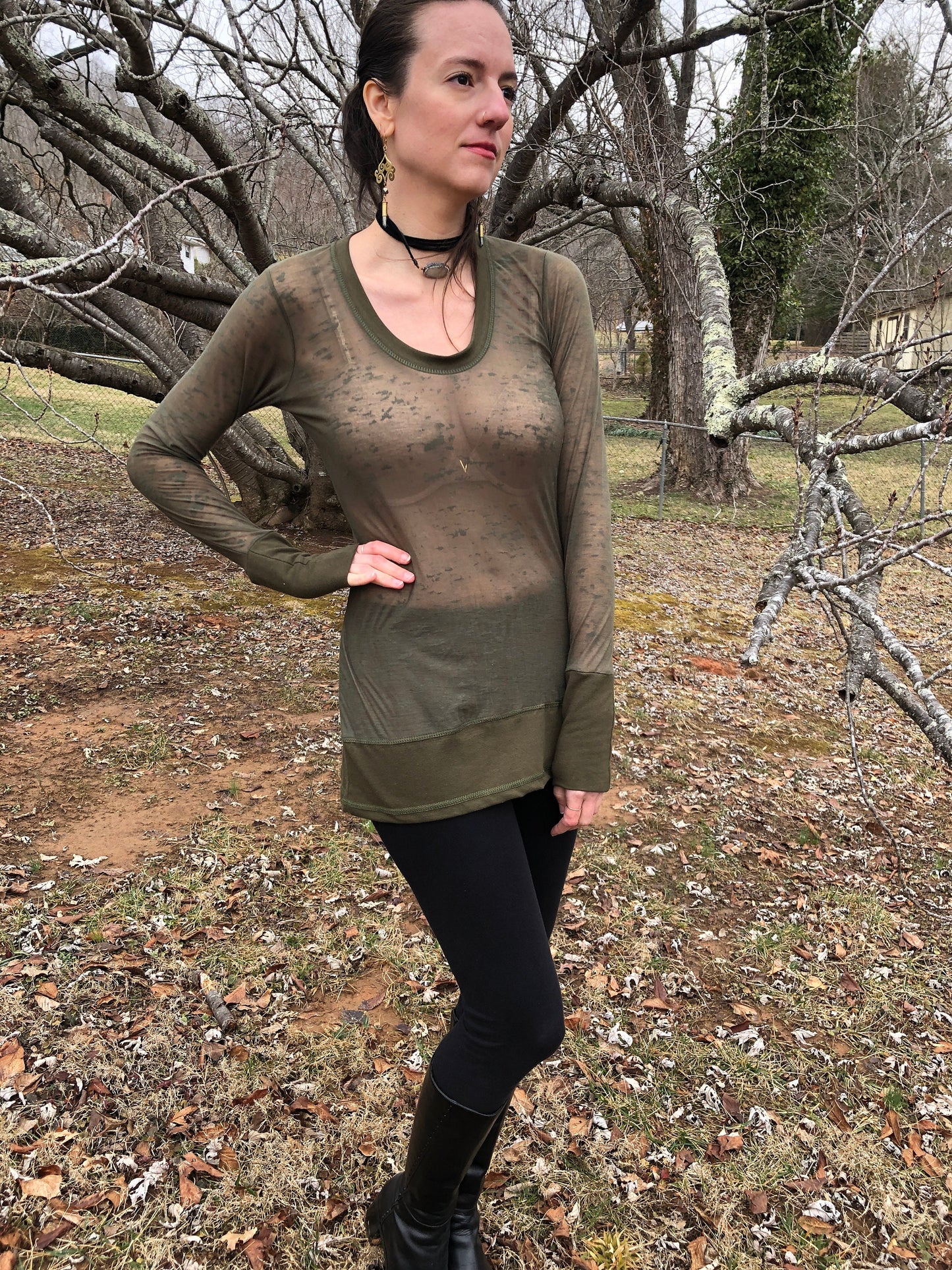 Sheer Scoop Neck, Cotton Lycra Stretch Knit, T shirt top, Long Line Tunic, Long Sleeves, Boho, Scrunch Cuffs, See-Through Woodland Fairy