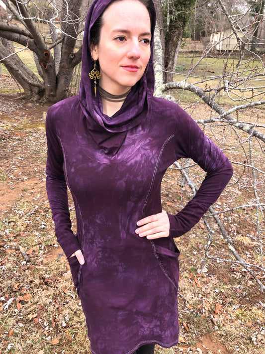 Hand Dyed, Bamboo/Hemp Hoodie Cowl Neck Dress, Stretch Terry and Jersey Shaped Torso, Pockets, Long Sleeves, Scrunch Cuffs, Athleisure