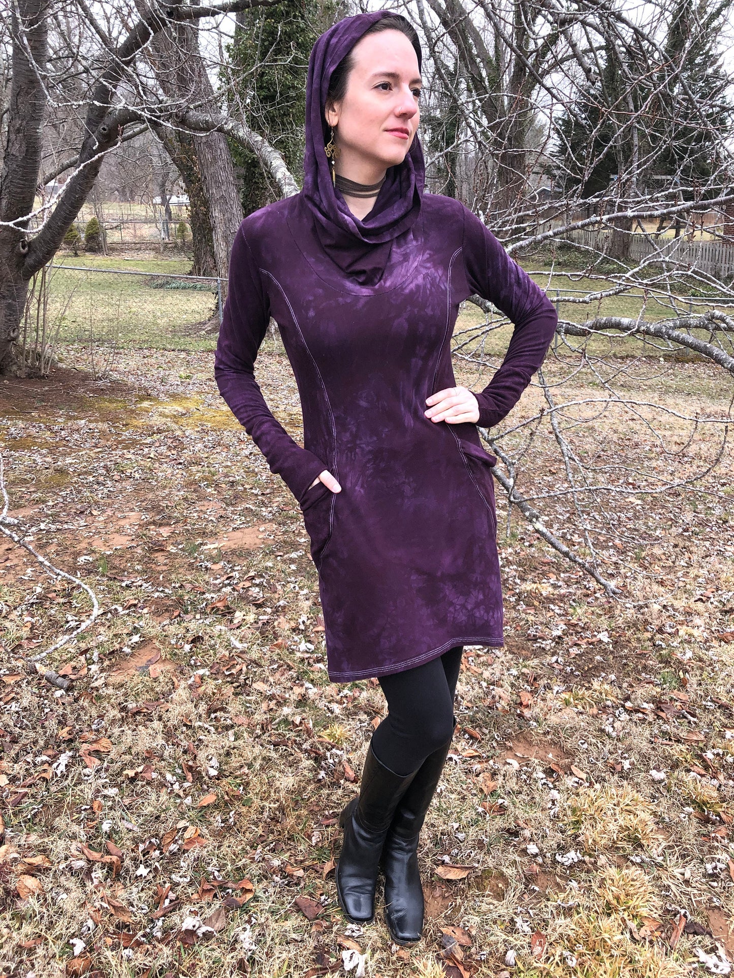 Hand Dyed, Bamboo/Hemp Hoodie Cowl Neck Dress, Stretch Terry and Jersey Shaped Torso, Pockets, Long Sleeves, Scrunch Cuffs, Athleisure