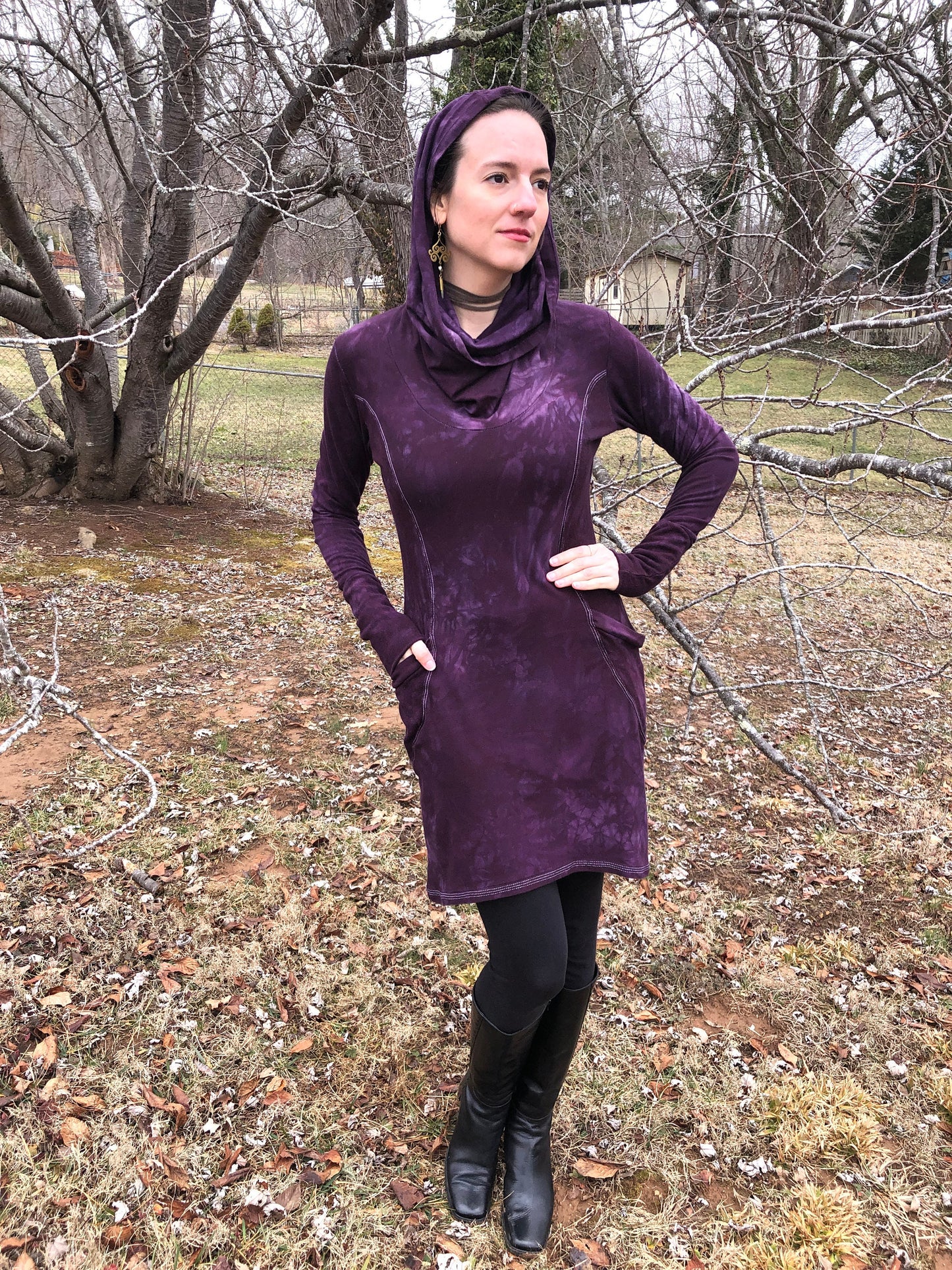 Hand Dyed, Bamboo/Hemp Hoodie Cowl Neck Dress, Stretch Terry and Jersey Shaped Torso, Pockets, Long Sleeves, Scrunch Cuffs, Athleisure