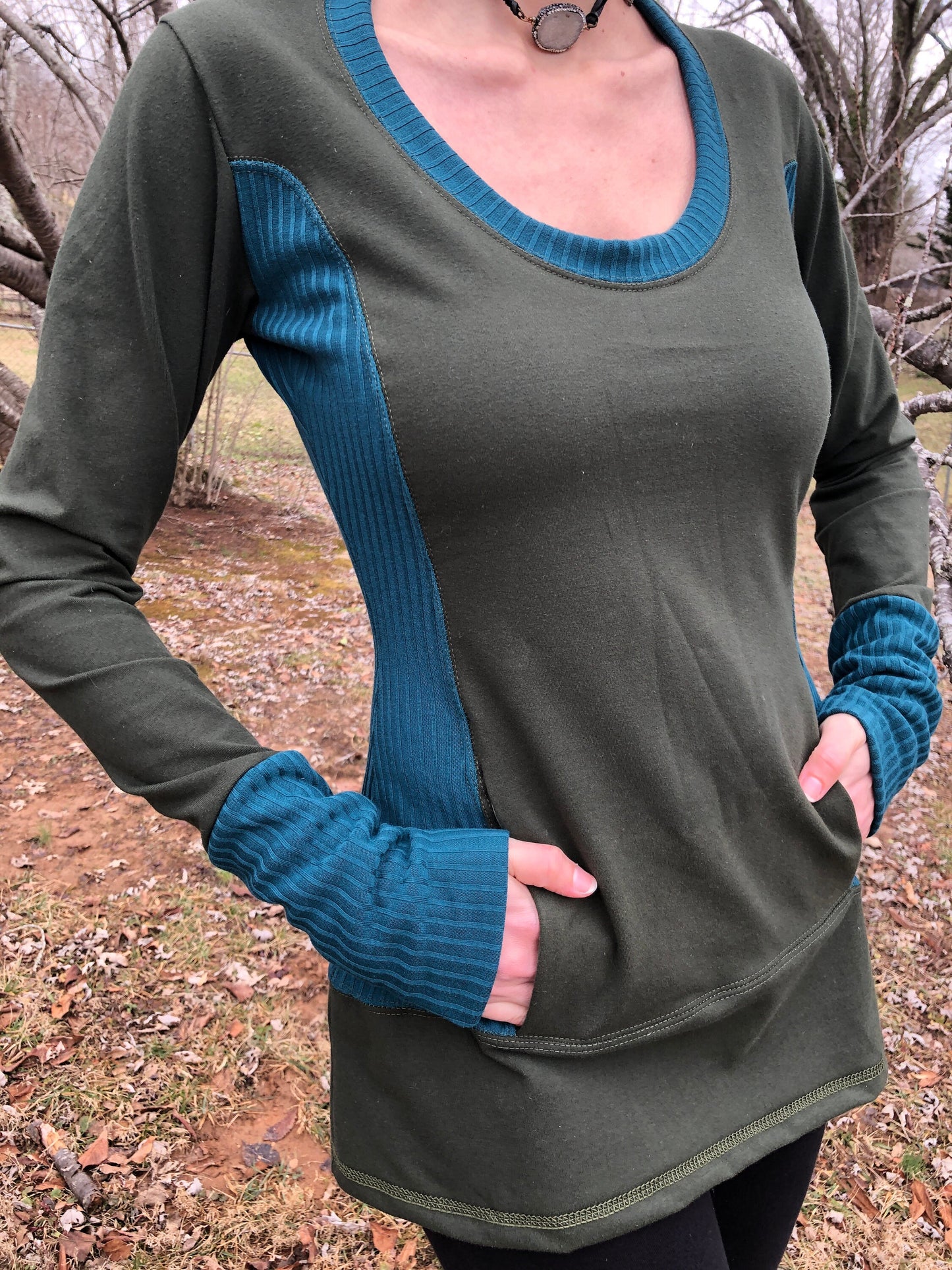 Cotton Lycra Scoop Neck, Kangaroo Pocket, Rib Stretch Knit, Shaped Torso, Olive Long Tunic, Boho, Scrunch Cuffs, Woodland Fairy, Small Only